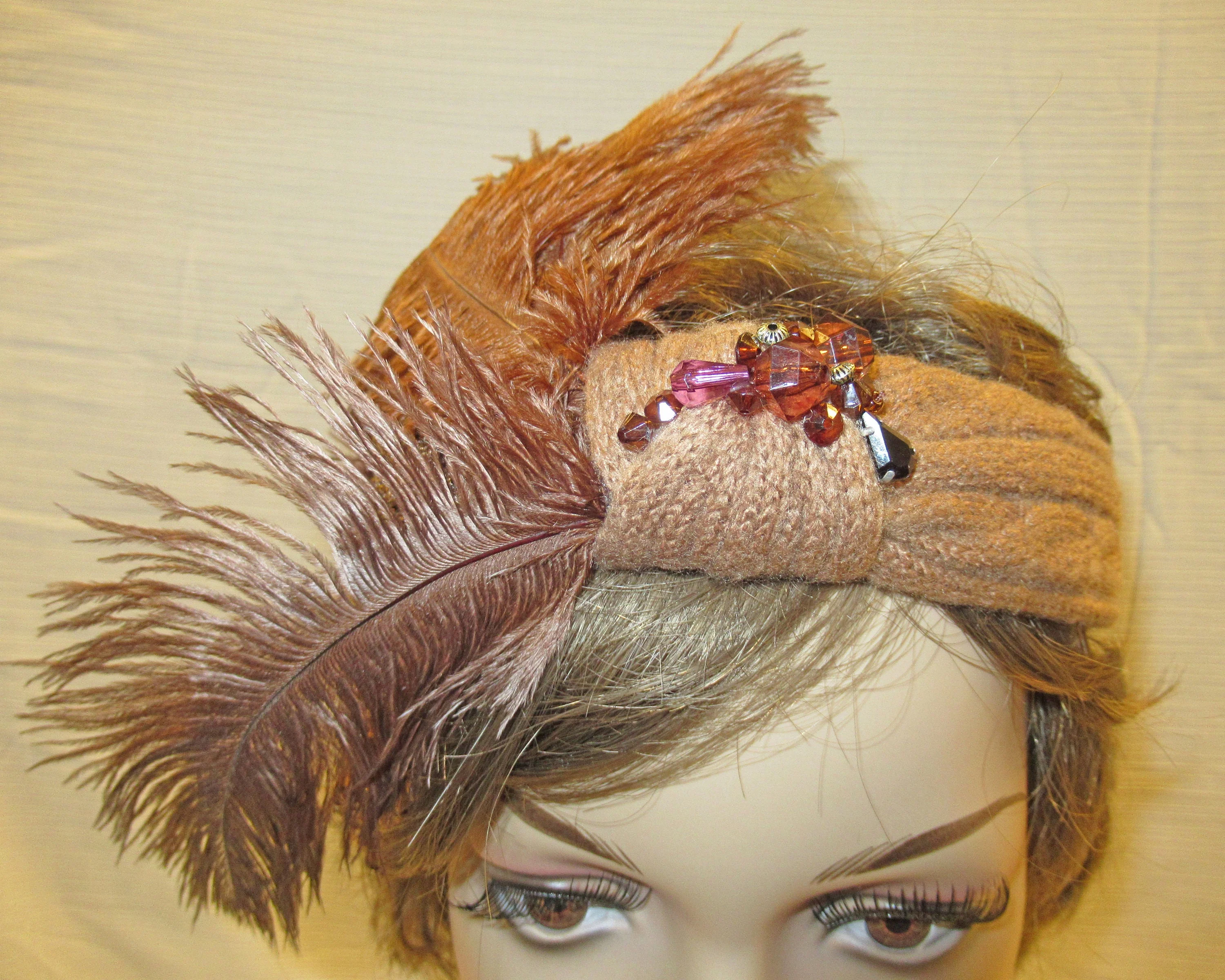 Headband with Brown Feathers and Dangling Brown Beads Roaring 20s Inspired 7 Fluffy Side Feather Array Flapper Style Easy To Wear - Image 4