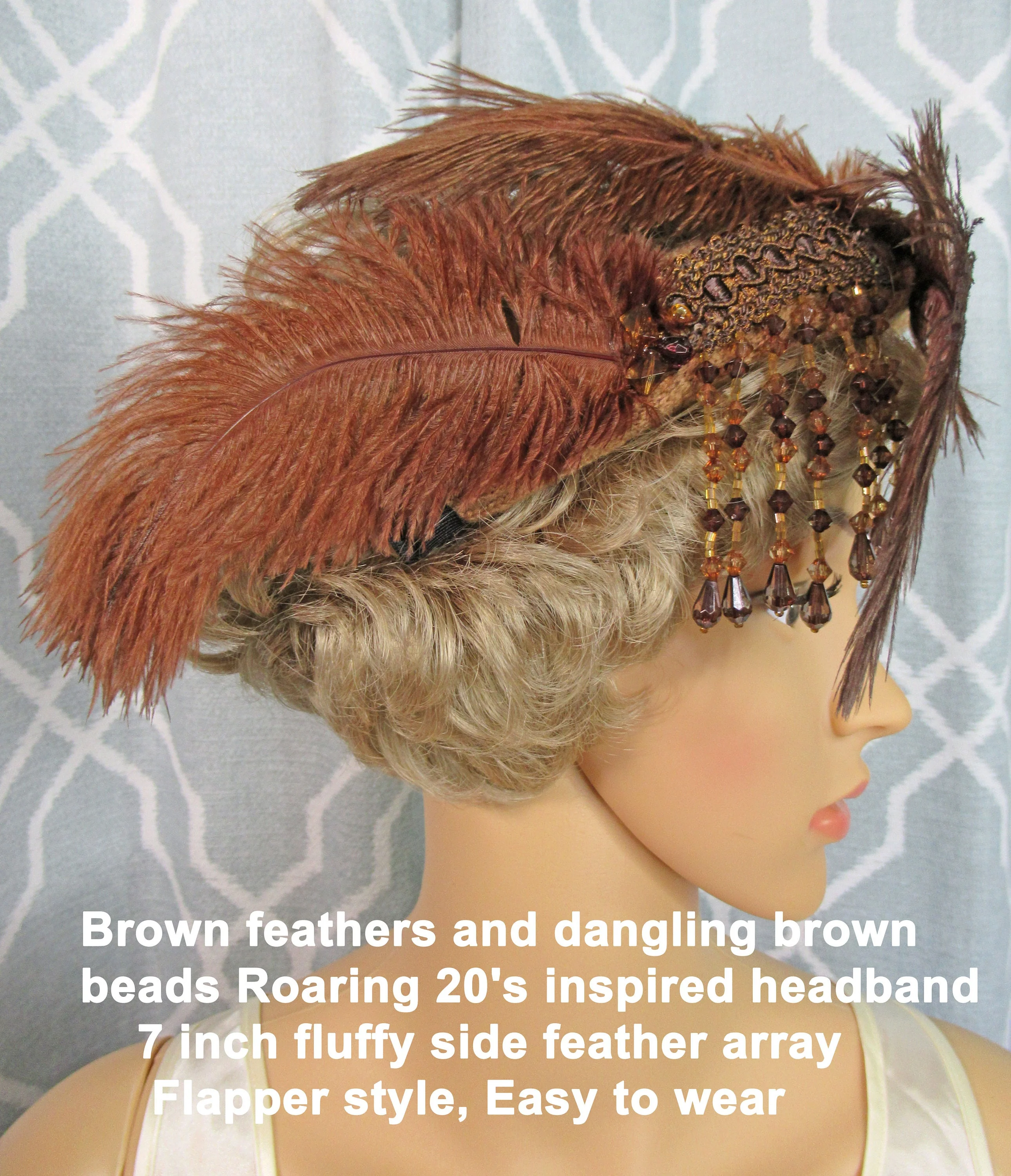 Headband with Brown Feathers and Dangling Brown Beads Roaring 20s Inspired 7 Fluffy Side Feather Array Flapper Style Easy To Wear - Image 5