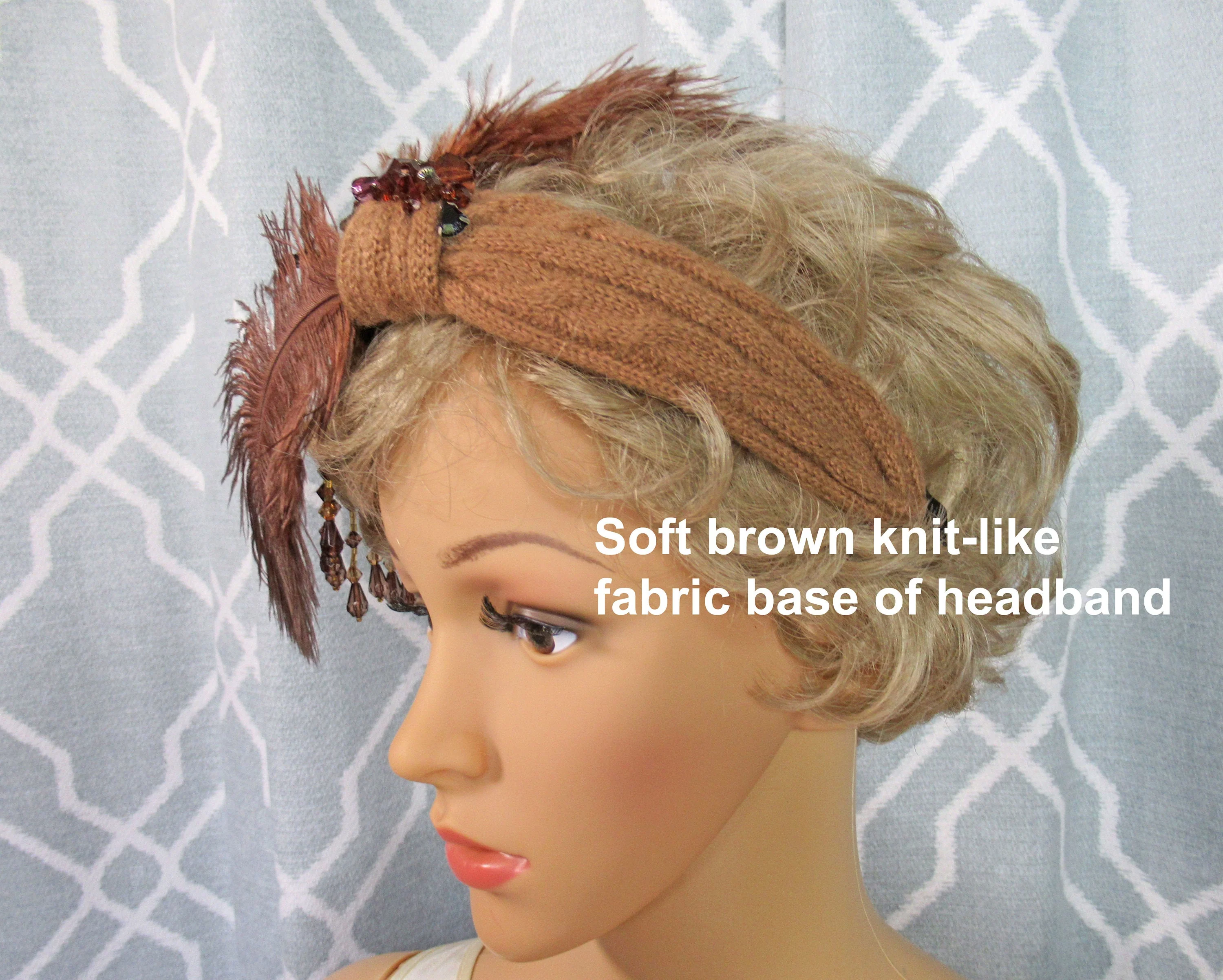 Headband with Brown Feathers and Dangling Brown Beads Roaring 20s Inspired 7 Fluffy Side Feather Array Flapper Style Easy To Wear - Image 6