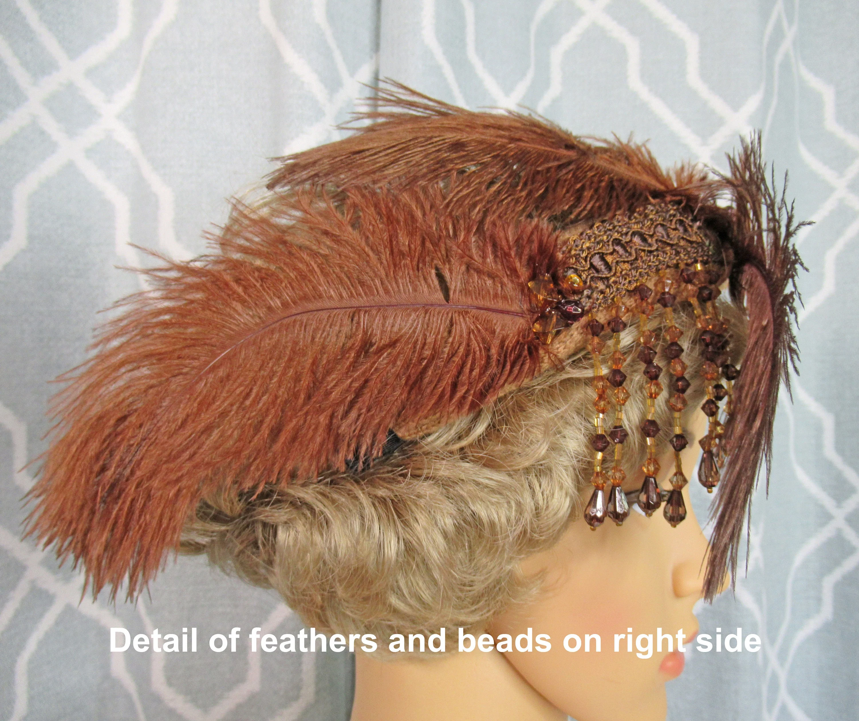 Headband with Brown Feathers and Dangling Brown Beads Roaring 20s Inspired 7 Fluffy Side Feather Array Flapper Style Easy To Wear - Image 7