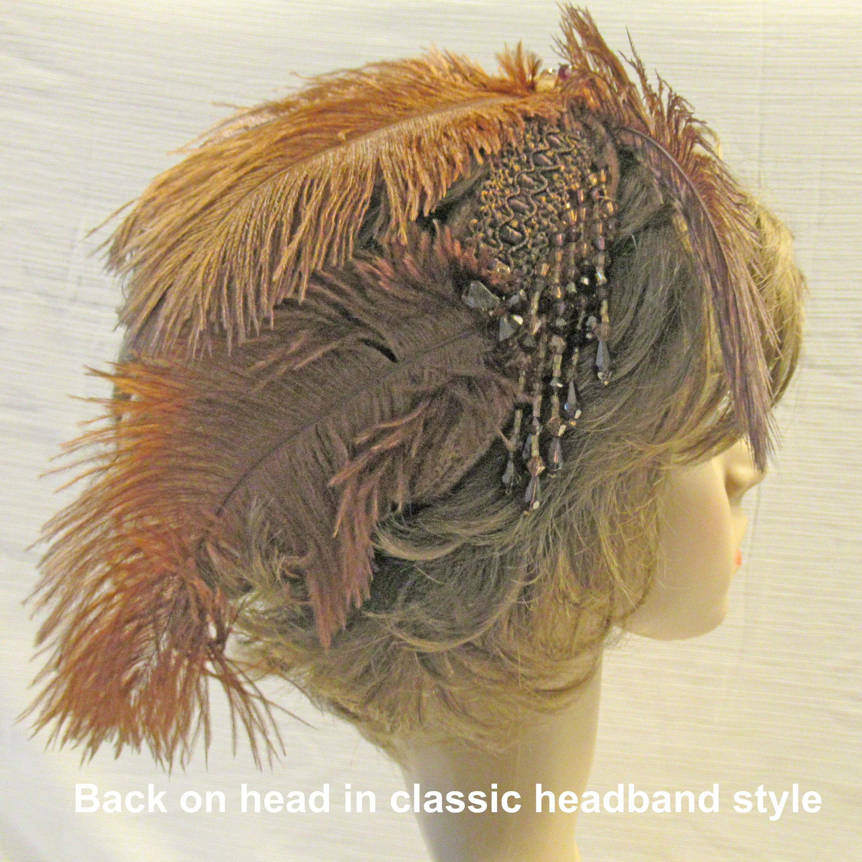 Headband with Brown Feathers and Dangling Brown Beads Roaring 20s Inspired 7 Fluffy Side Feather Array Flapper Style Easy To Wear - Image 8