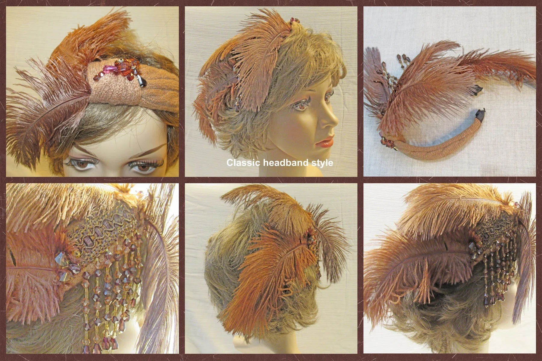 Headband with Brown Feathers and Dangling Brown Beads Roaring 20s Inspired 7 Fluffy Side Feather Array Flapper Style Easy To Wear - Image 9