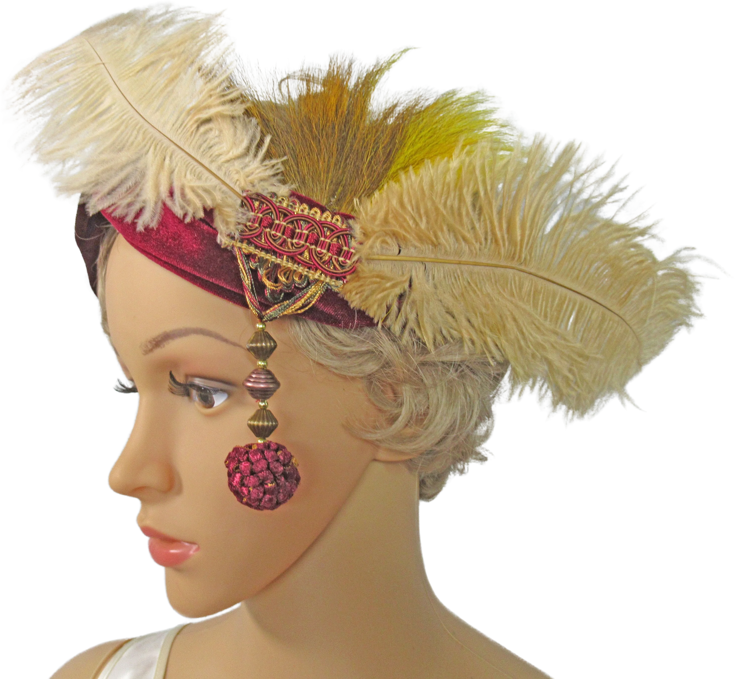 Headband with Feathers Beads Beige Gold Brown Feathers Side Dangling Bead Burgundy Velvet Stretch 20s Inspired 9 Feathers