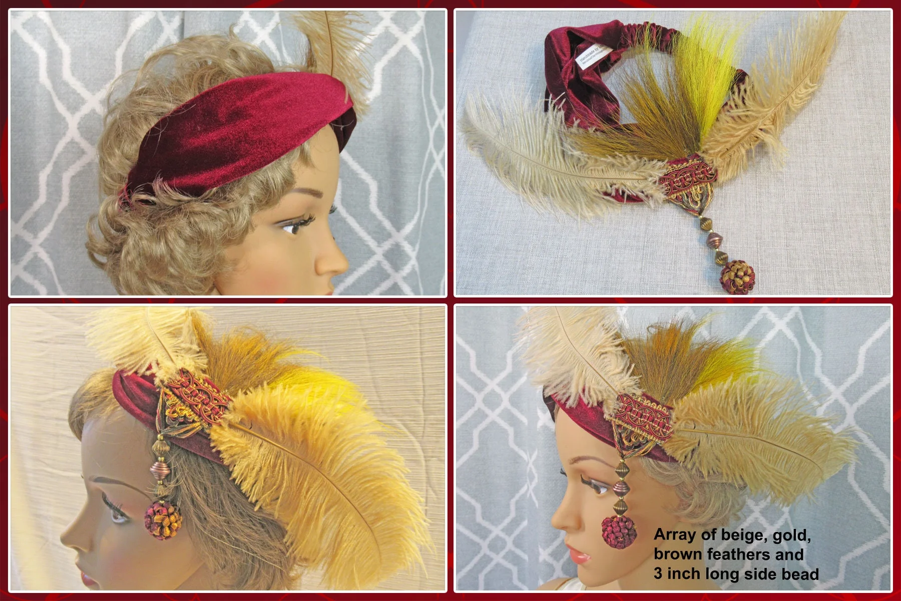Headband with Feathers Beads Beige Gold Brown Feathers Side Dangling Bead Burgundy Velvet Stretch 20s Inspired 9 Feathers - Image 10