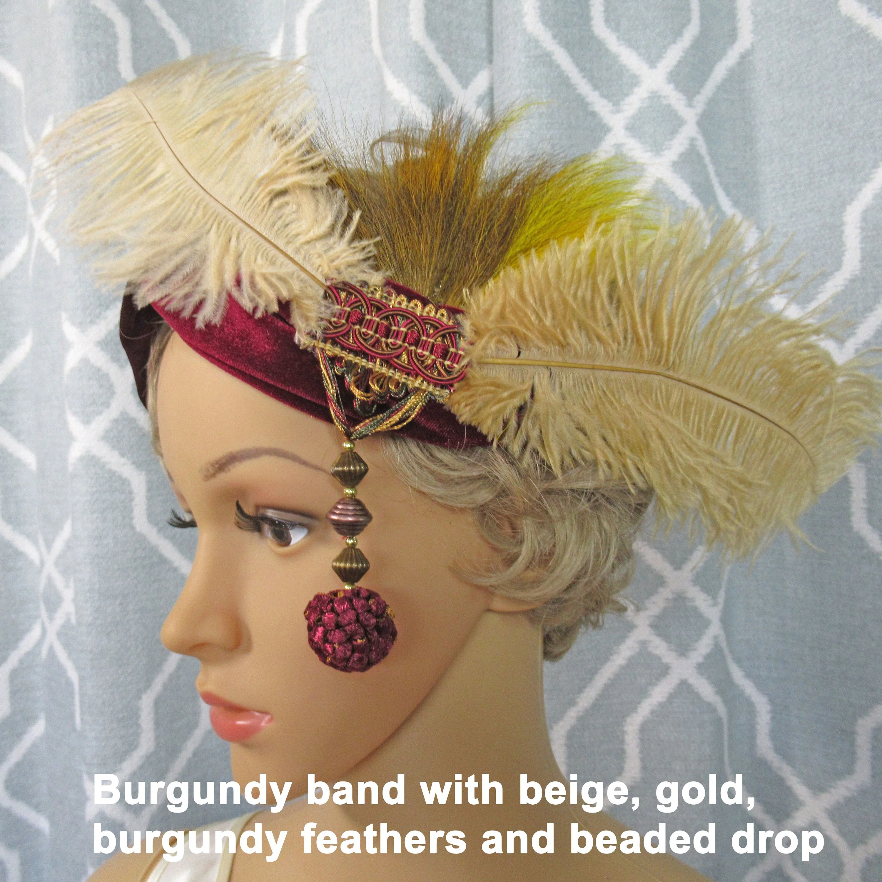Headband with Feathers Beads Beige Gold Brown Feathers Side Dangling Bead Burgundy Velvet Stretch 20s Inspired 9 Feathers - Image 4