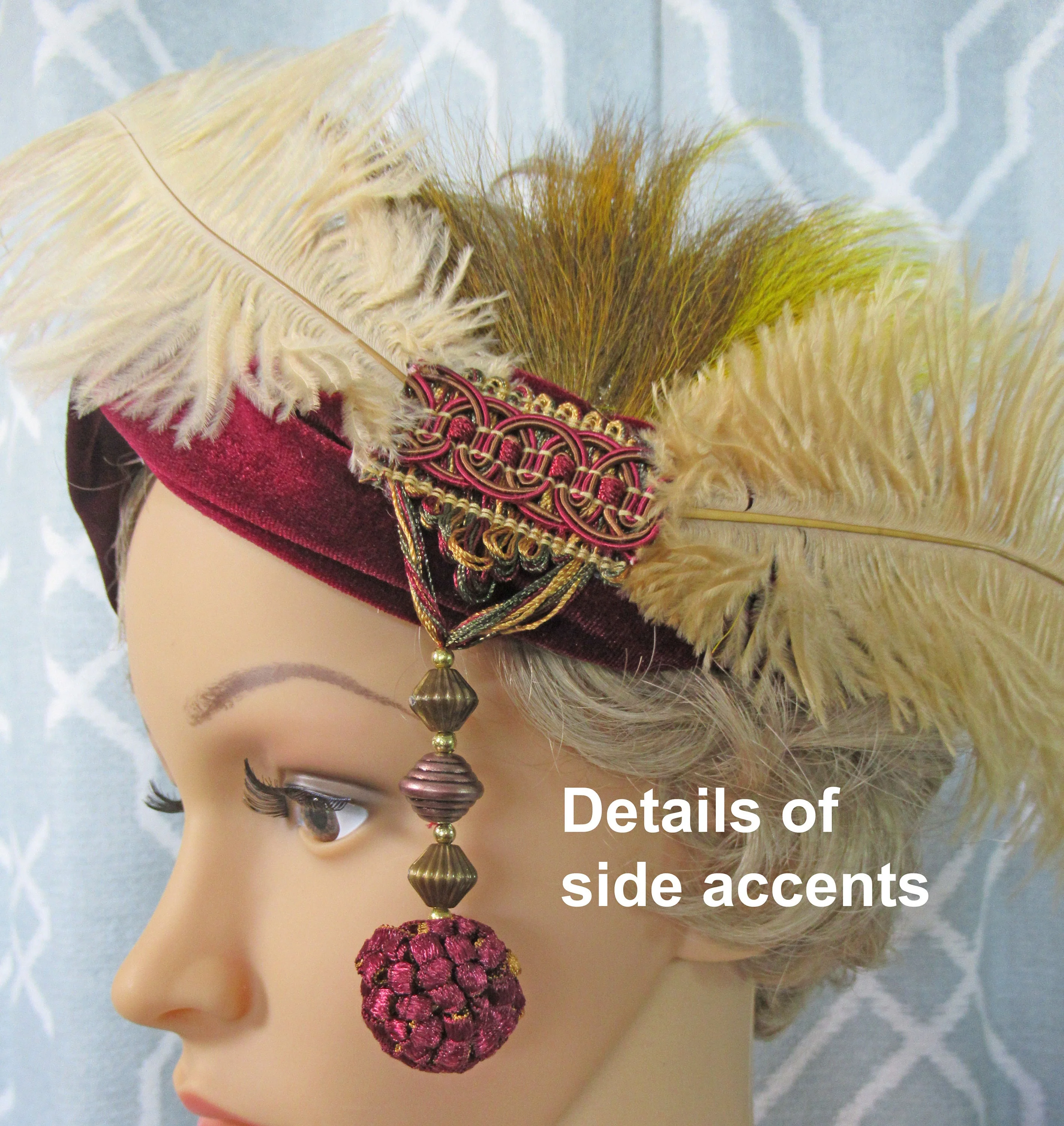 Headband with Feathers Beads Beige Gold Brown Feathers Side Dangling Bead Burgundy Velvet Stretch 20s Inspired 9 Feathers - Image 5
