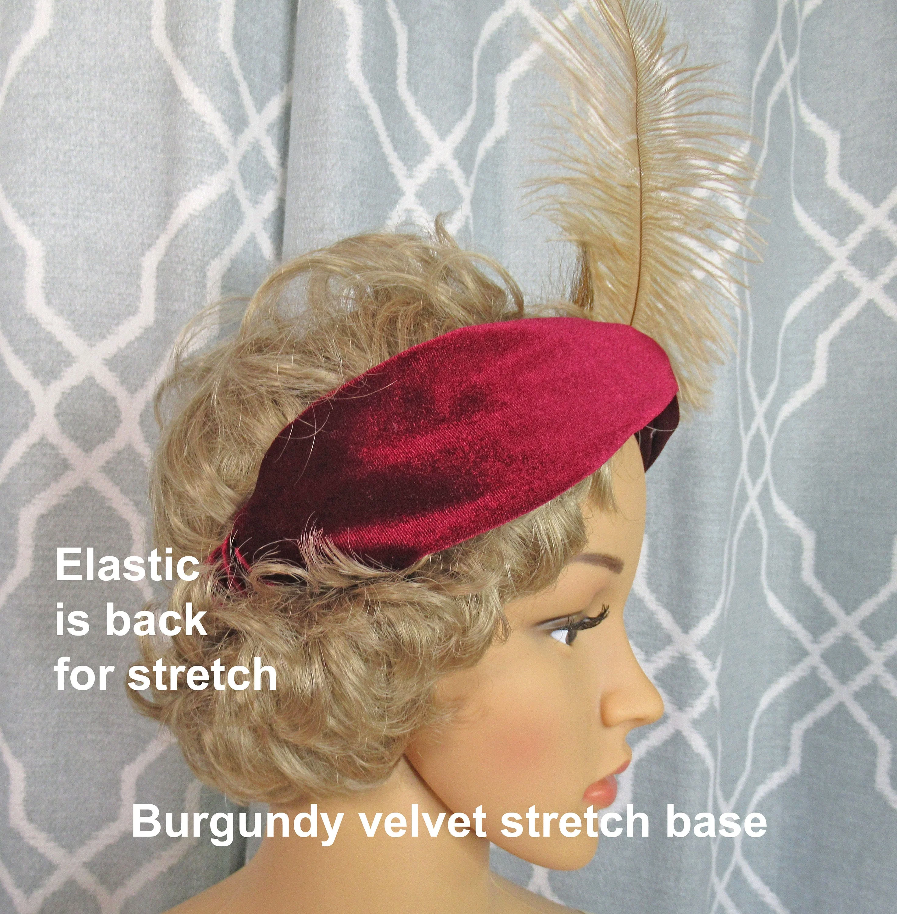 Headband with Feathers Beads Beige Gold Brown Feathers Side Dangling Bead Burgundy Velvet Stretch 20s Inspired 9 Feathers - Image 7