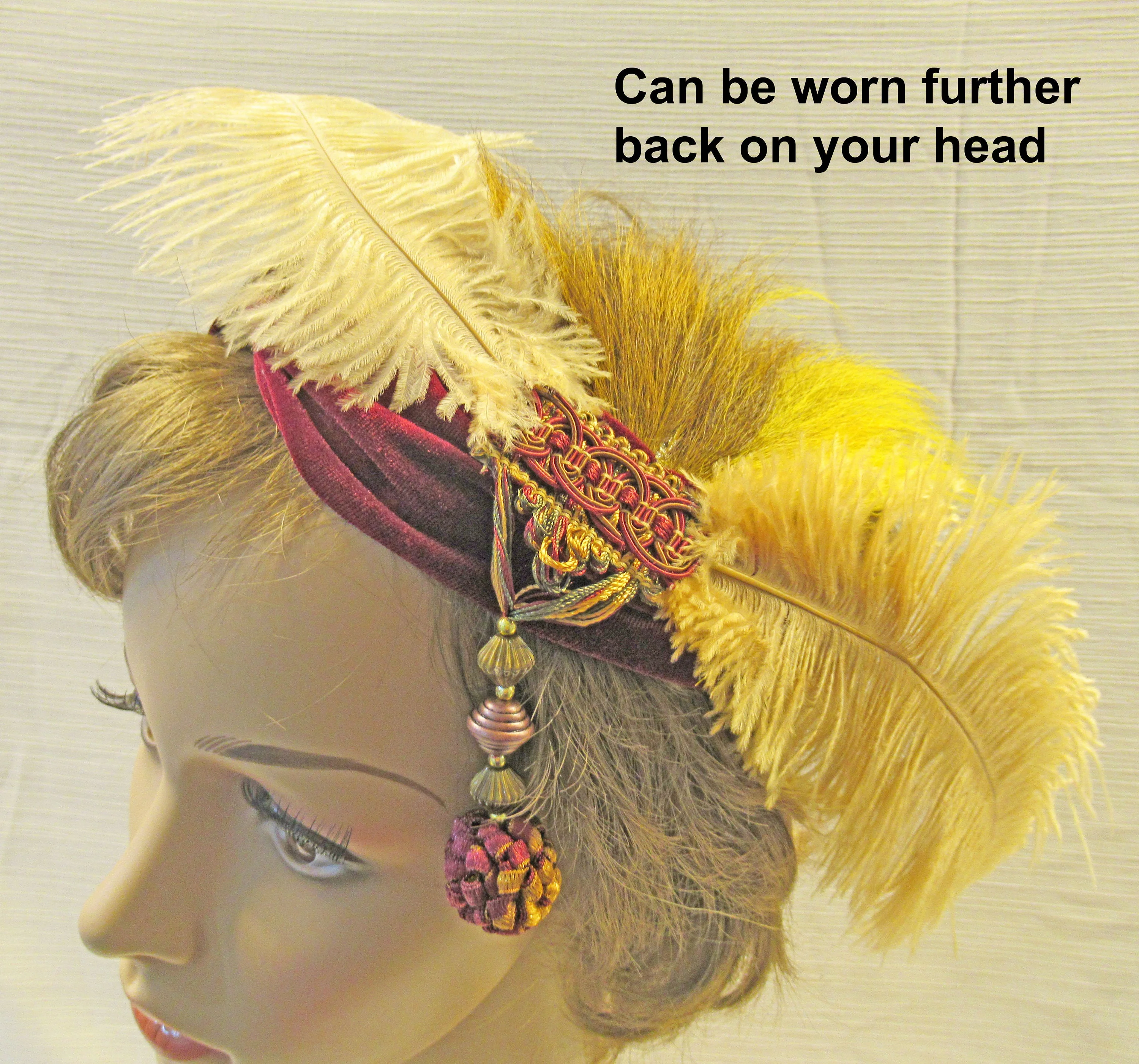 Headband with Feathers Beads Beige Gold Brown Feathers Side Dangling Bead Burgundy Velvet Stretch 20s Inspired 9 Feathers - Image 9