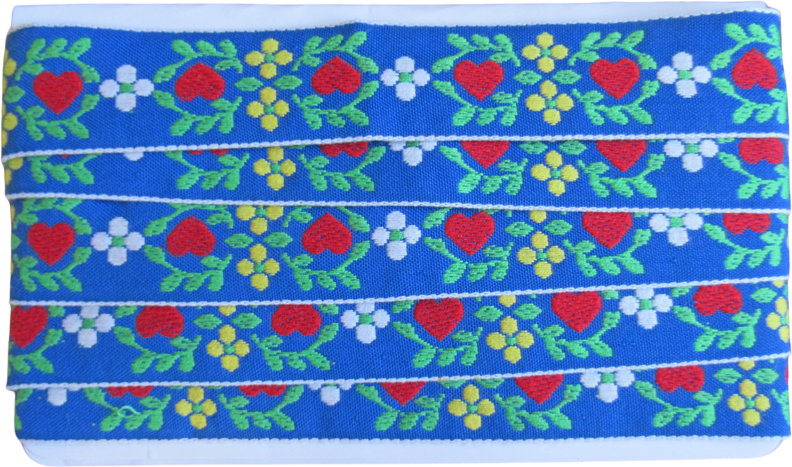 Hearts and Flowers Wide Blue Red Yellow Green White Trim Complete Uncut 2 Yard Piece Stencil Early Colonial Like Design Vintage