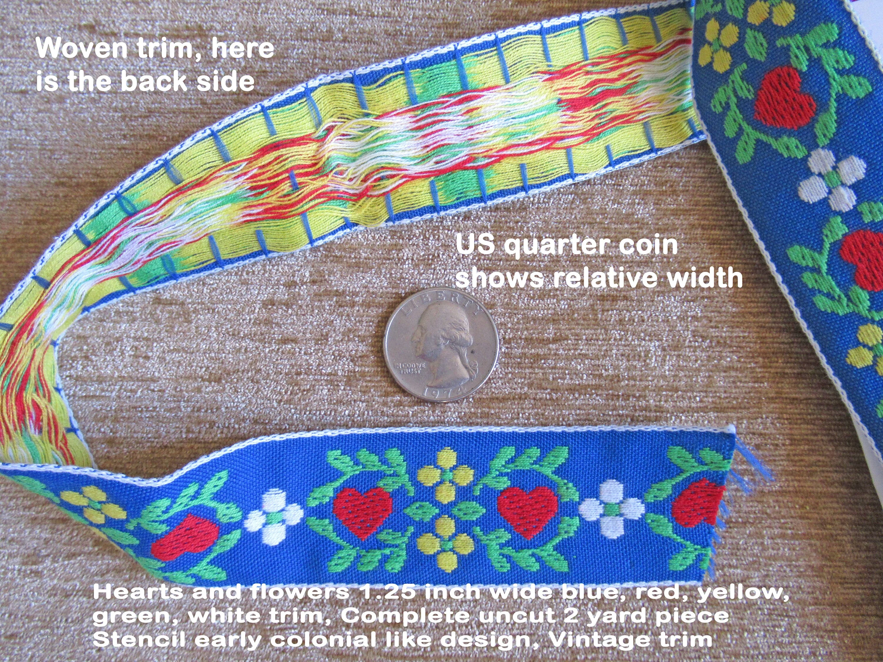 Hearts and Flowers Wide Blue Red Yellow Green White Trim Complete Uncut 2 Yard Piece Stencil Early Colonial Like Design Vintage - Image 3