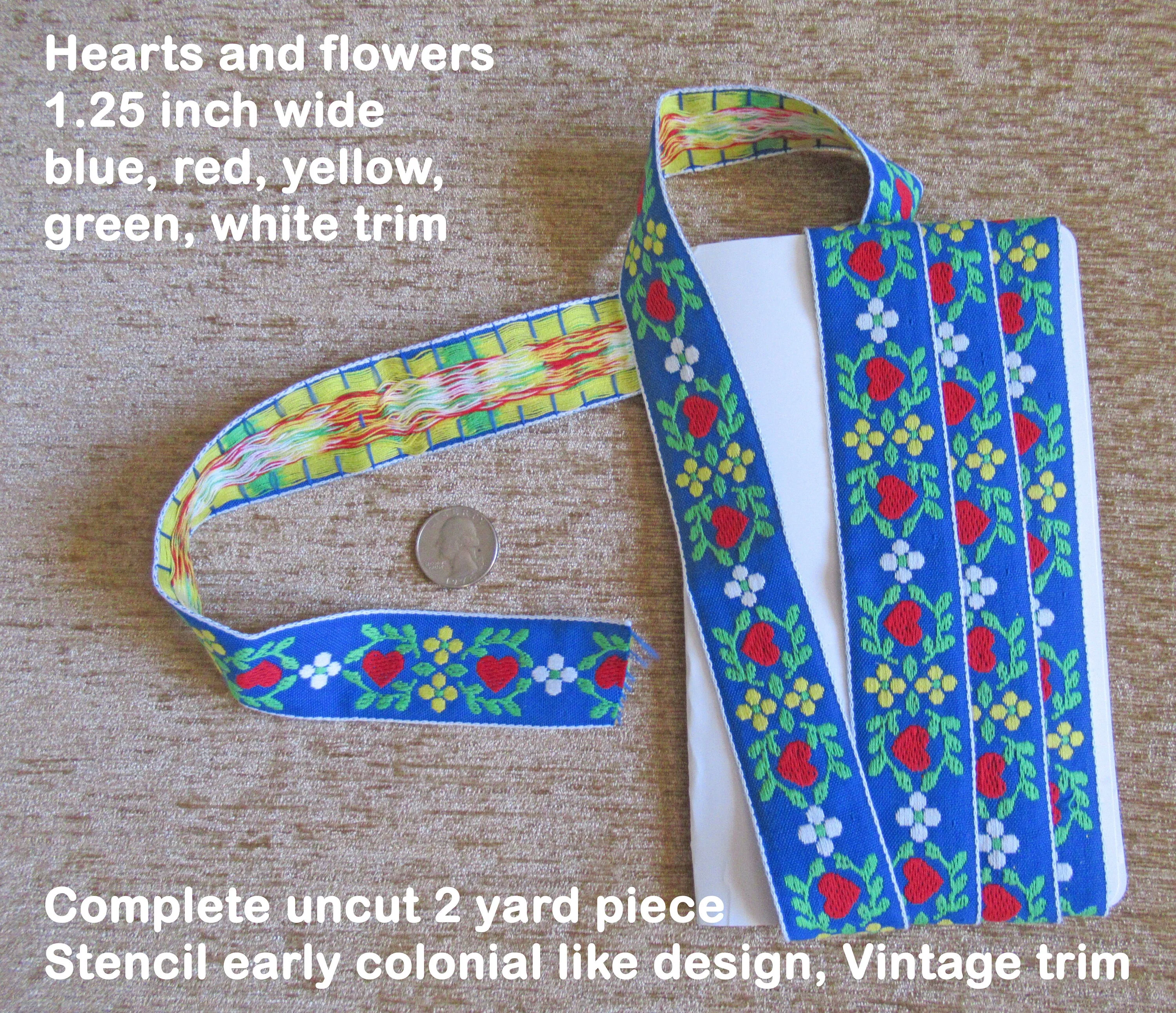 Hearts and Flowers Wide Blue Red Yellow Green White Trim Complete Uncut 2 Yard Piece Stencil Early Colonial Like Design Vintage - Image 4