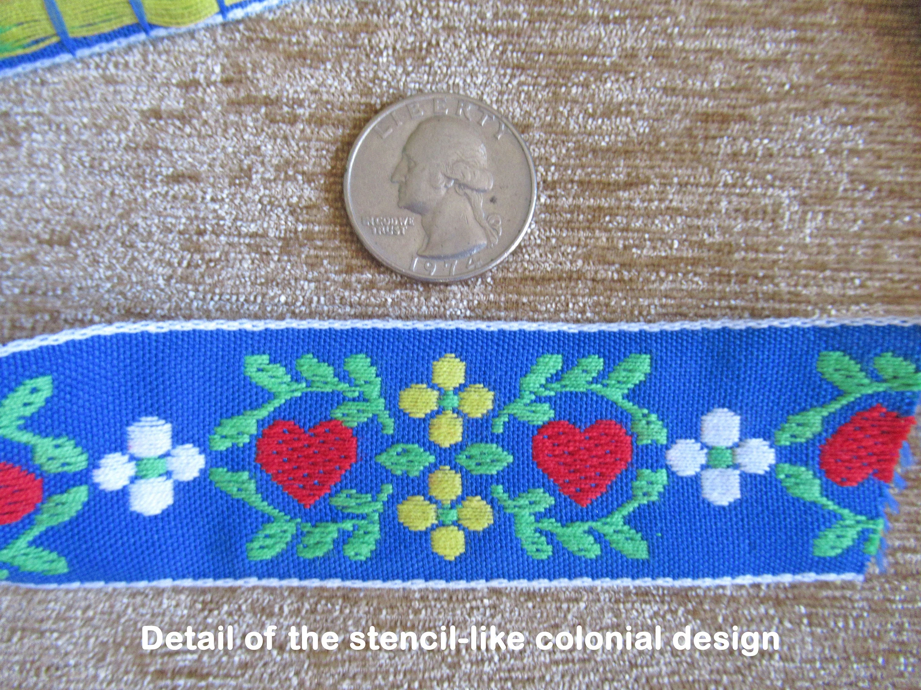 Hearts and Flowers Wide Blue Red Yellow Green White Trim Complete Uncut 2 Yard Piece Stencil Early Colonial Like Design Vintage - Image 5
