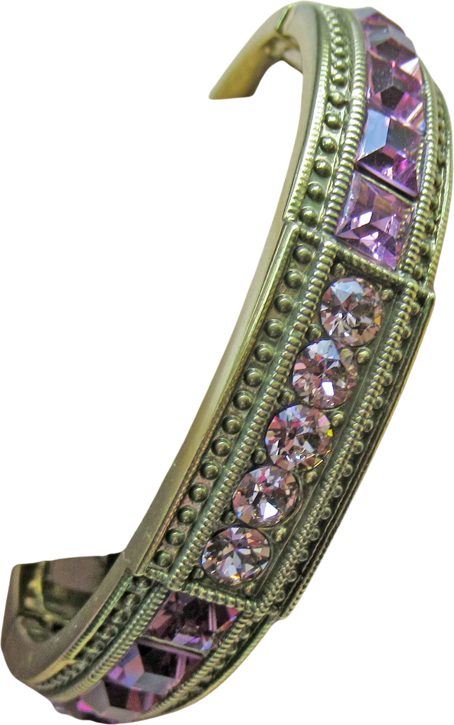 Heidi Daus Hinged Bangle Bracelet Amethyst Purple and Pink Swarovski Crystals with Bronze Tone Metal 12 Wide Lovely Chic Style Vintage by Heidi Daus