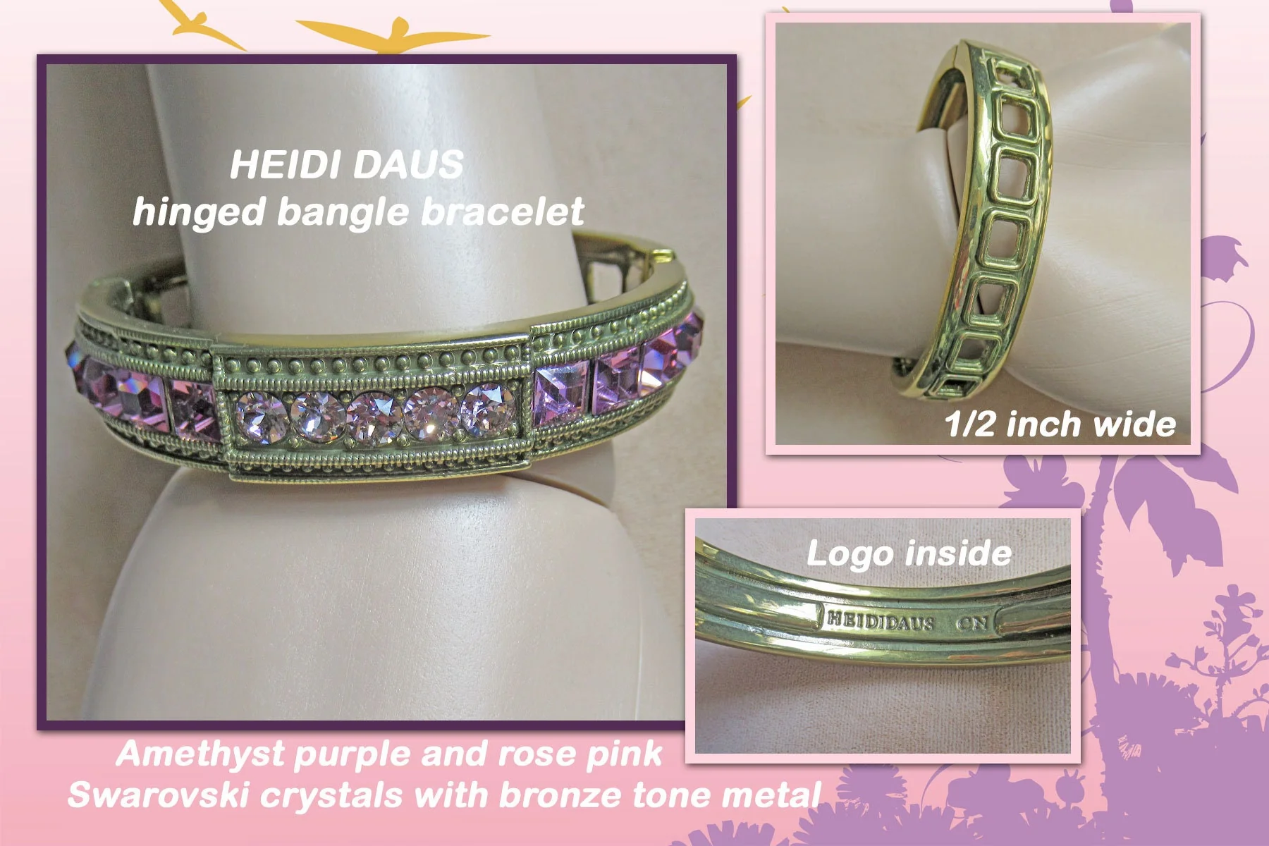 Heidi Daus Hinged Bangle Bracelet Amethyst Purple and Pink Swarovski Crystals with Bronze Tone Metal 12 Wide Lovely Chic Style Vintage by Heidi Daus - Image 2