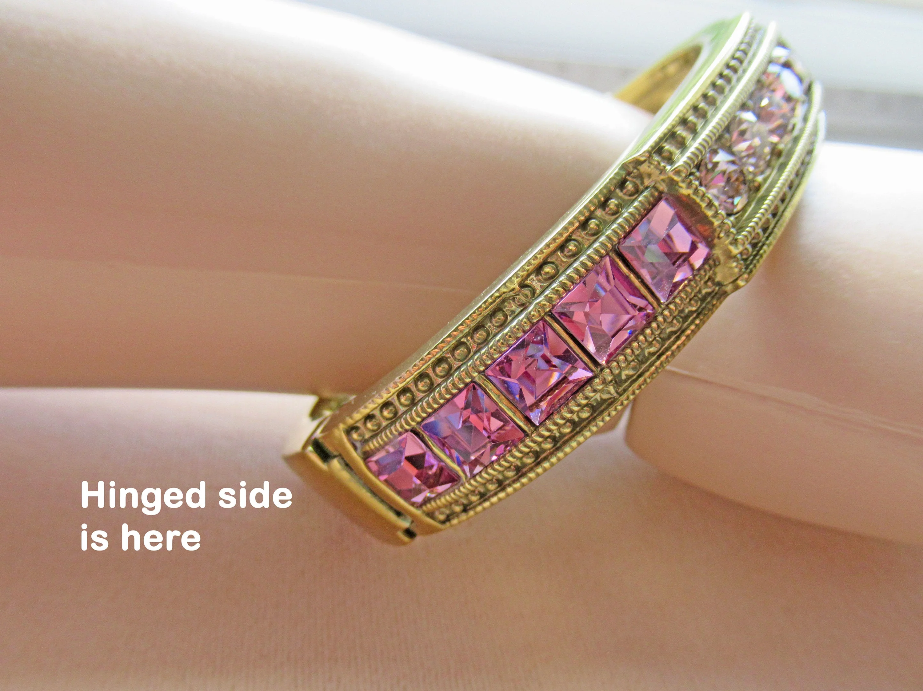 Heidi Daus Hinged Bangle Bracelet Amethyst Purple and Pink Swarovski Crystals with Bronze Tone Metal 12 Wide Lovely Chic Style Vintage by Heidi Daus - Image 3