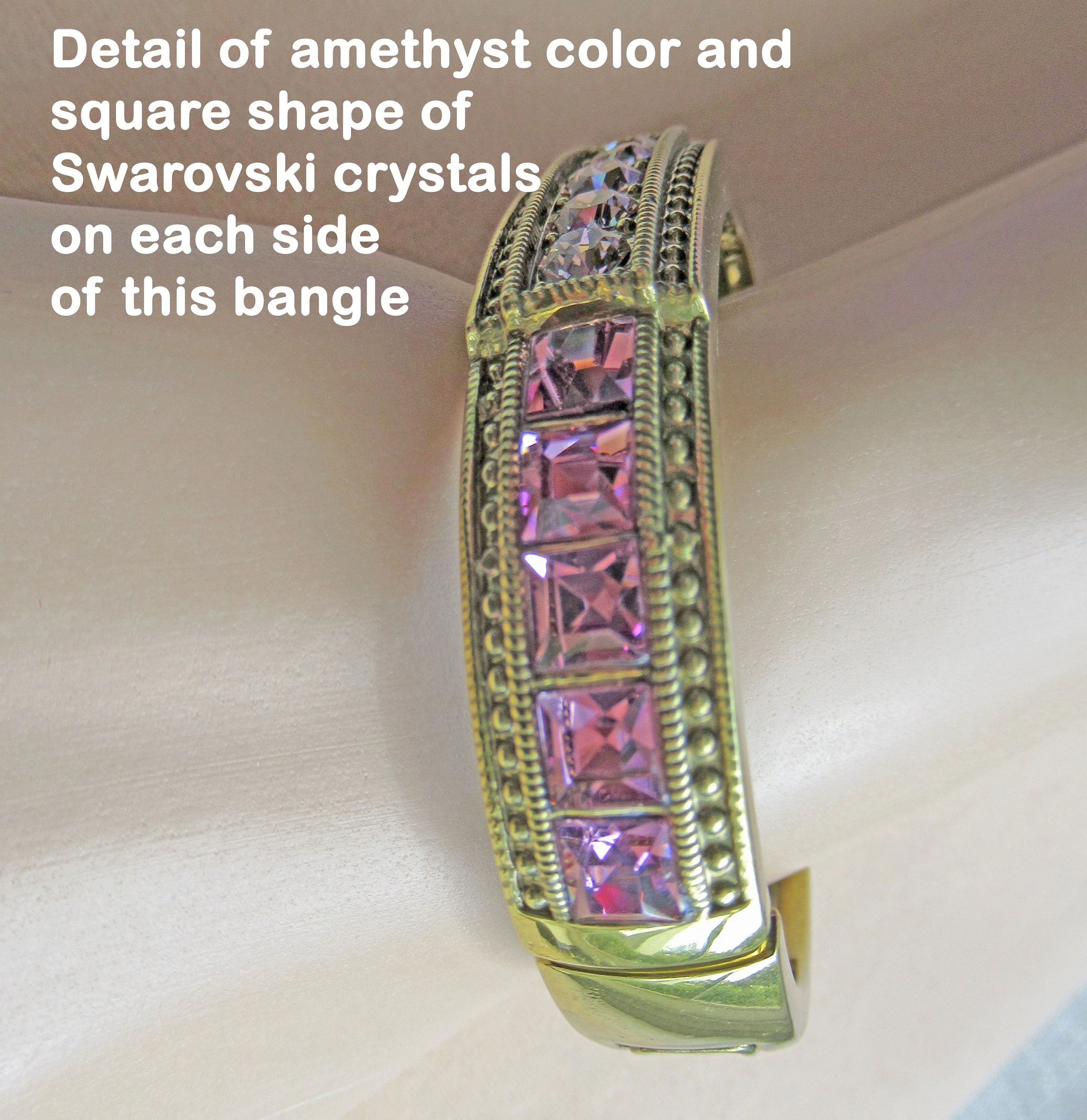 Heidi Daus Hinged Bangle Bracelet Amethyst Purple and Pink Swarovski Crystals with Bronze Tone Metal 12 Wide Lovely Chic Style Vintage by Heidi Daus - Image 6
