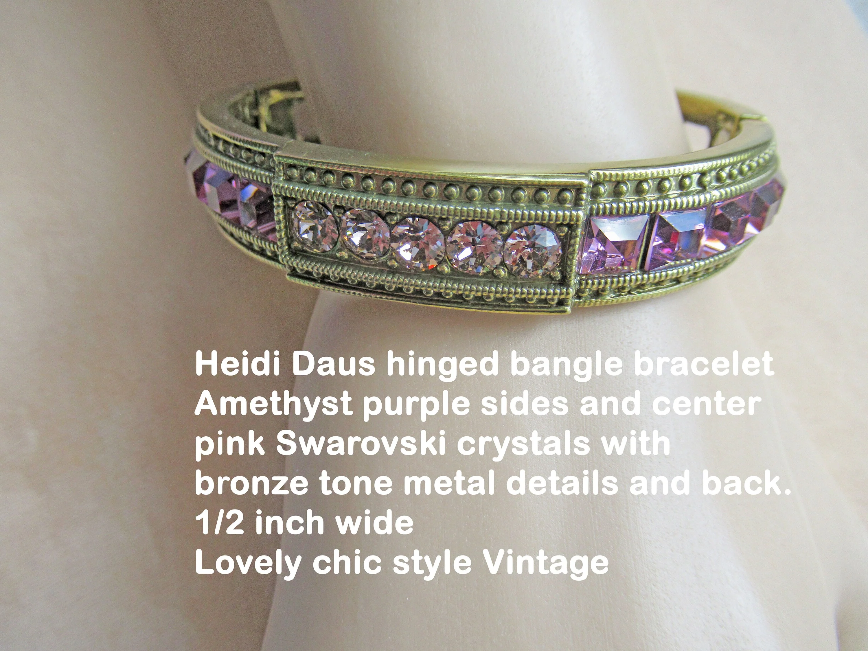 Heidi Daus Hinged Bangle Bracelet Amethyst Purple and Pink Swarovski Crystals with Bronze Tone Metal 12 Wide Lovely Chic Style Vintage by Heidi Daus - Image 7