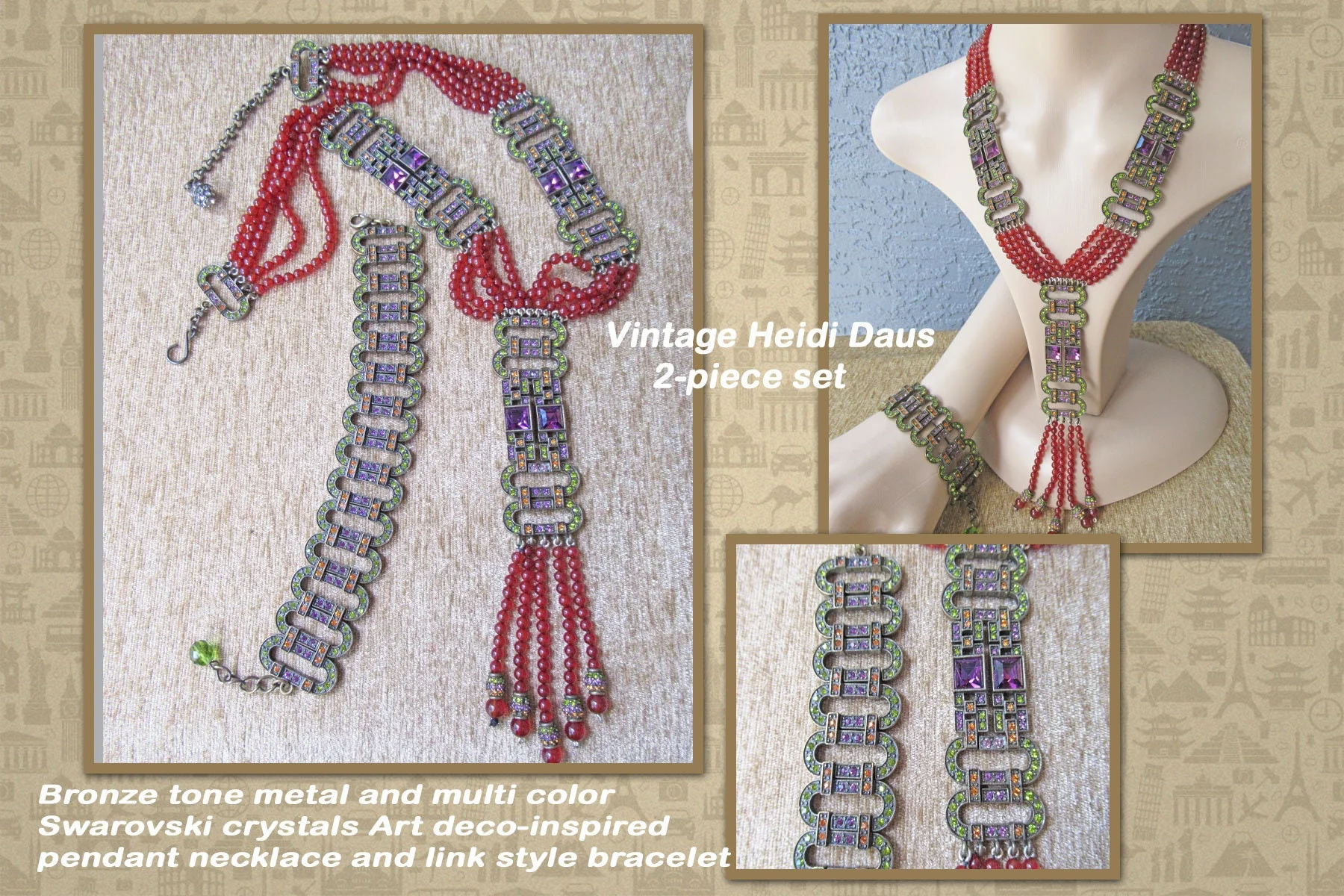 Heidi Daus Necklacebracelet Set Carnelian and Multicolor Swarovski Crystal Art Decoinspired Pendant Tassel Matching Link Bracelet 80s by Heidi Daus - Image 2