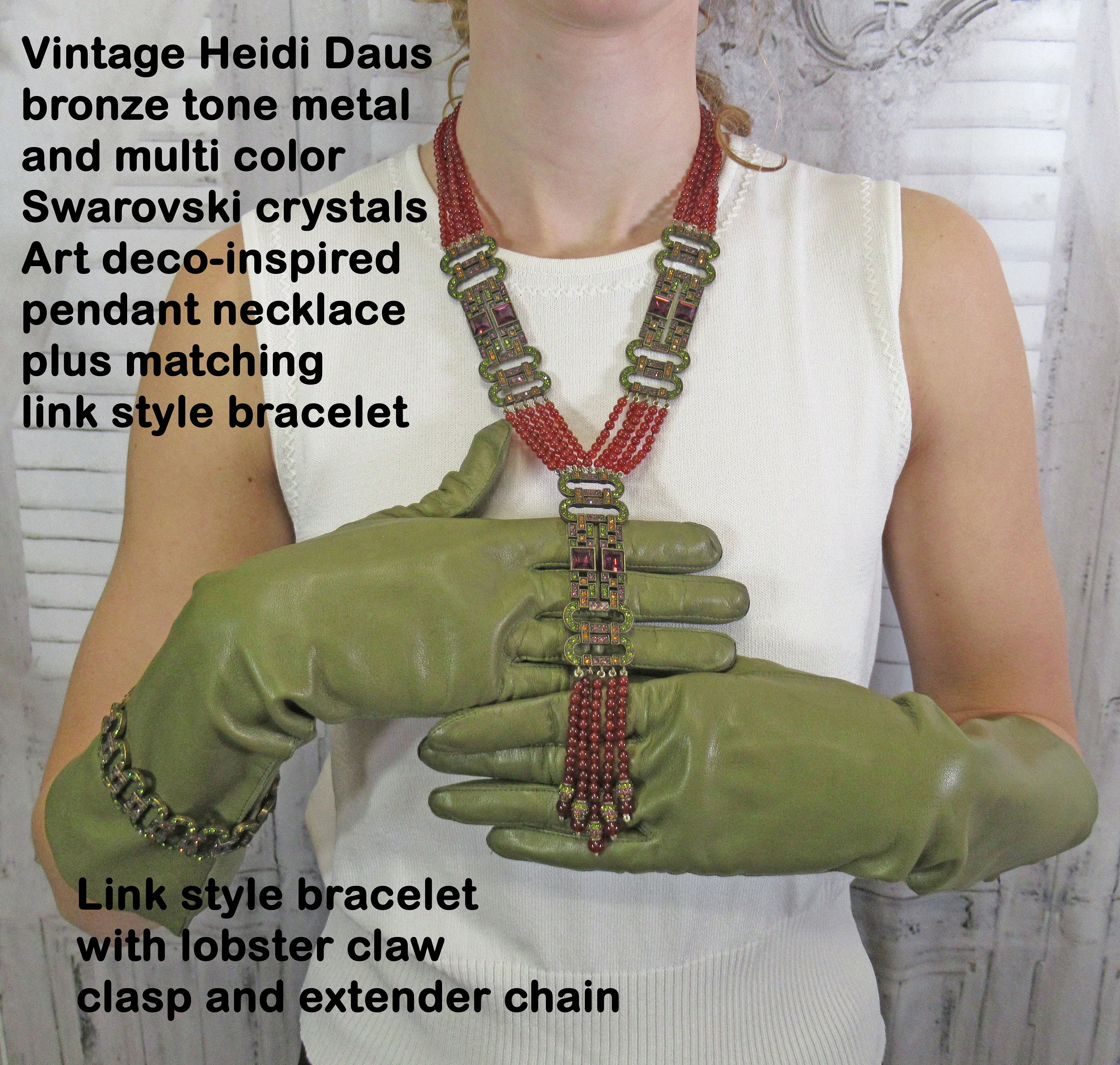 Heidi Daus Necklacebracelet Set Carnelian and Multicolor Swarovski Crystal Art Decoinspired Pendant Tassel Matching Link Bracelet 80s by Heidi Daus - Image 4