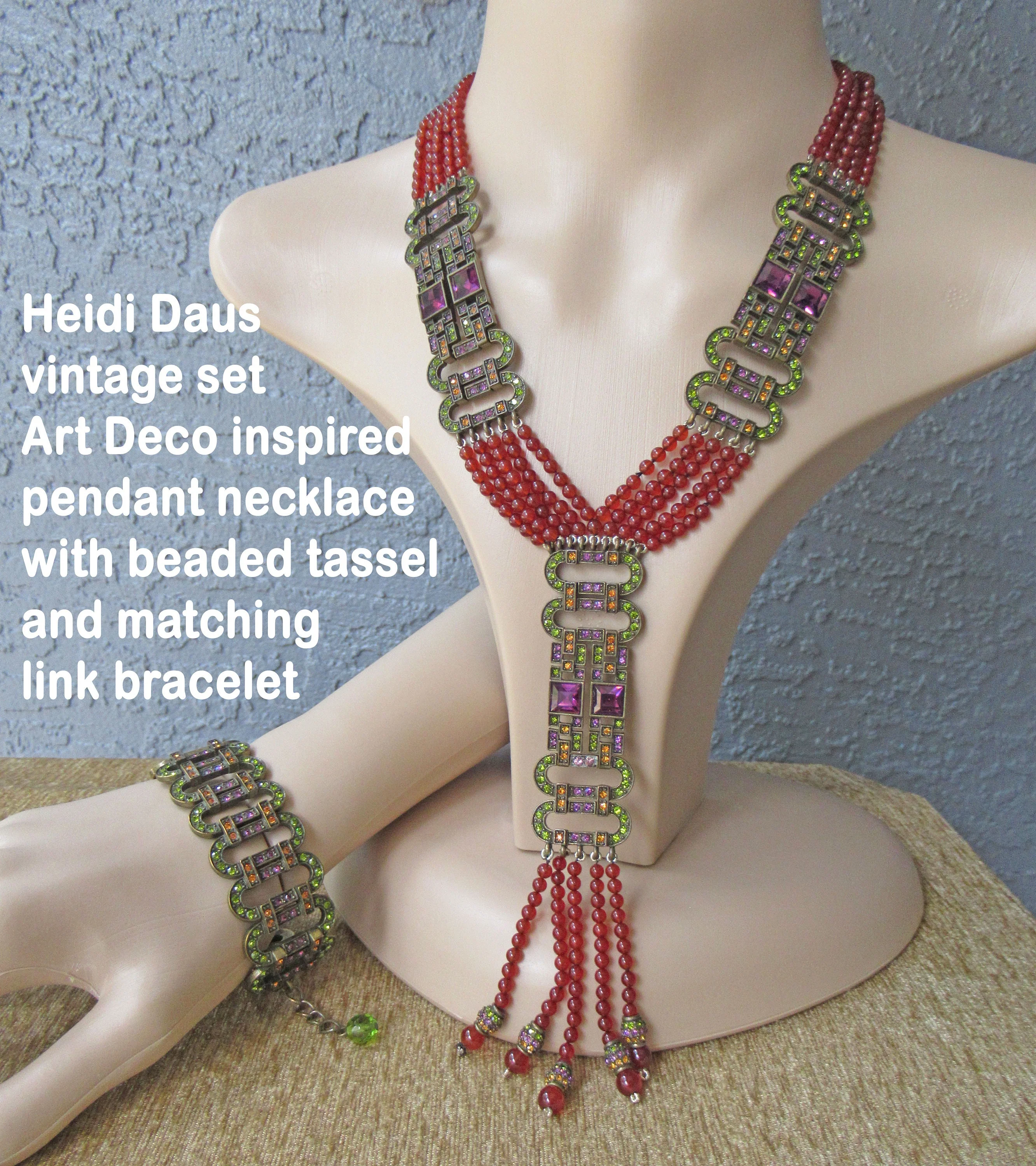 Heidi Daus Necklacebracelet Set Carnelian and Multicolor Swarovski Crystal Art Decoinspired Pendant Tassel Matching Link Bracelet 80s by Heidi Daus - Image 5