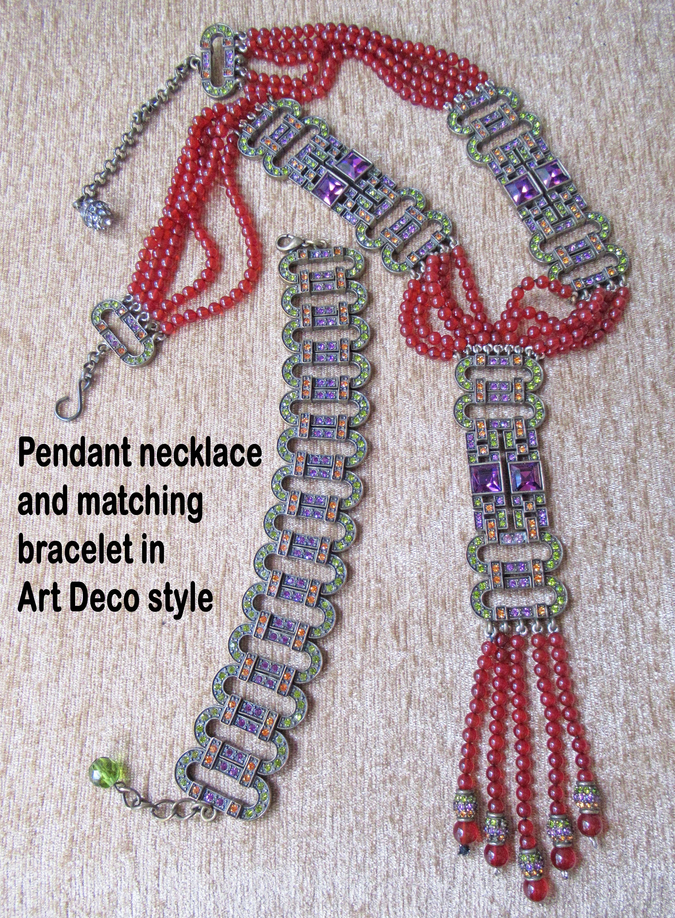 Heidi Daus Necklacebracelet Set Carnelian and Multicolor Swarovski Crystal Art Decoinspired Pendant Tassel Matching Link Bracelet 80s by Heidi Daus - Image 9