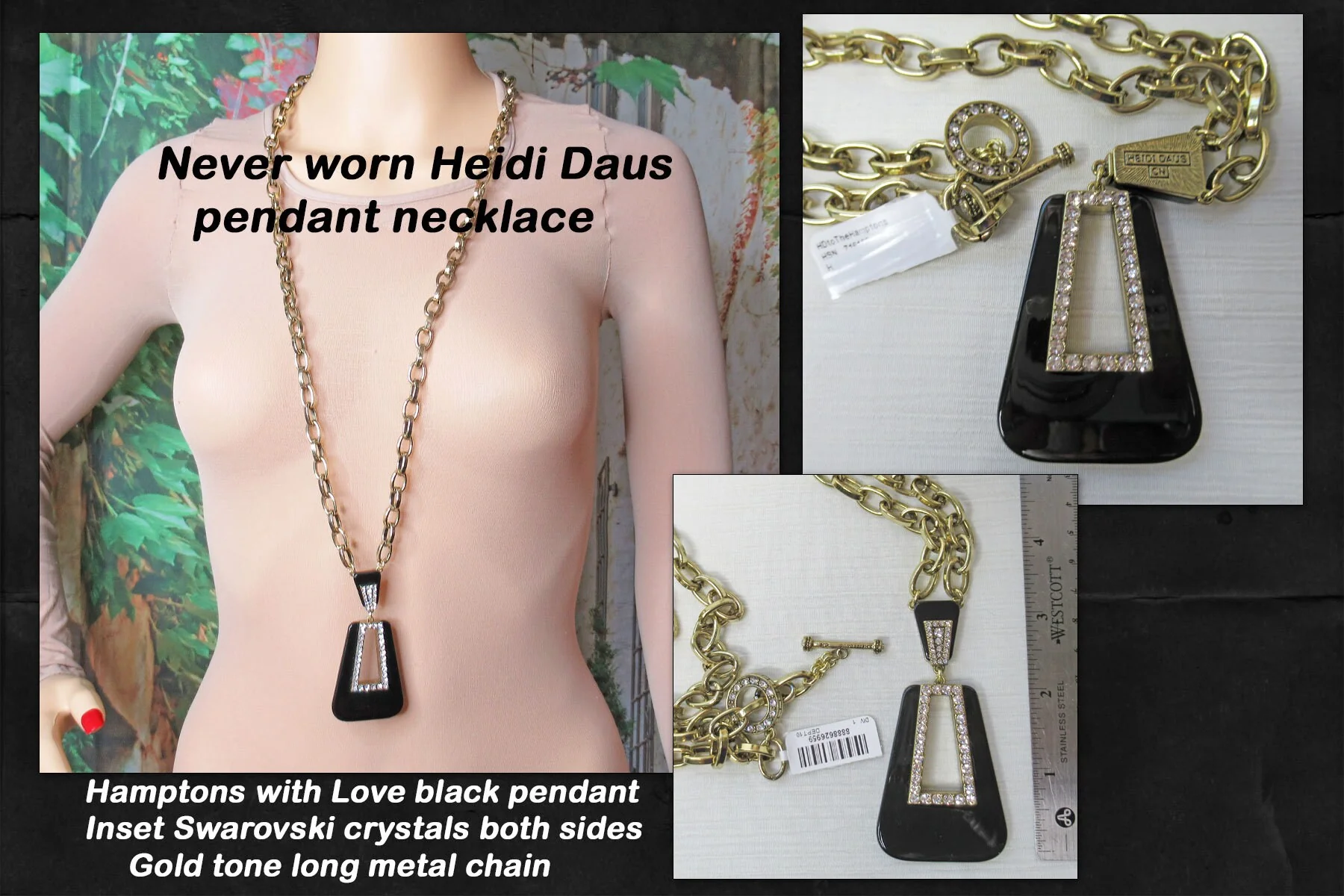 Heidi Daus Pendant Necklace Hamptons with Love Inset Swarovski Crystals Both Sides Black with Gold Metal Chain by Heidi Daus - Image 2