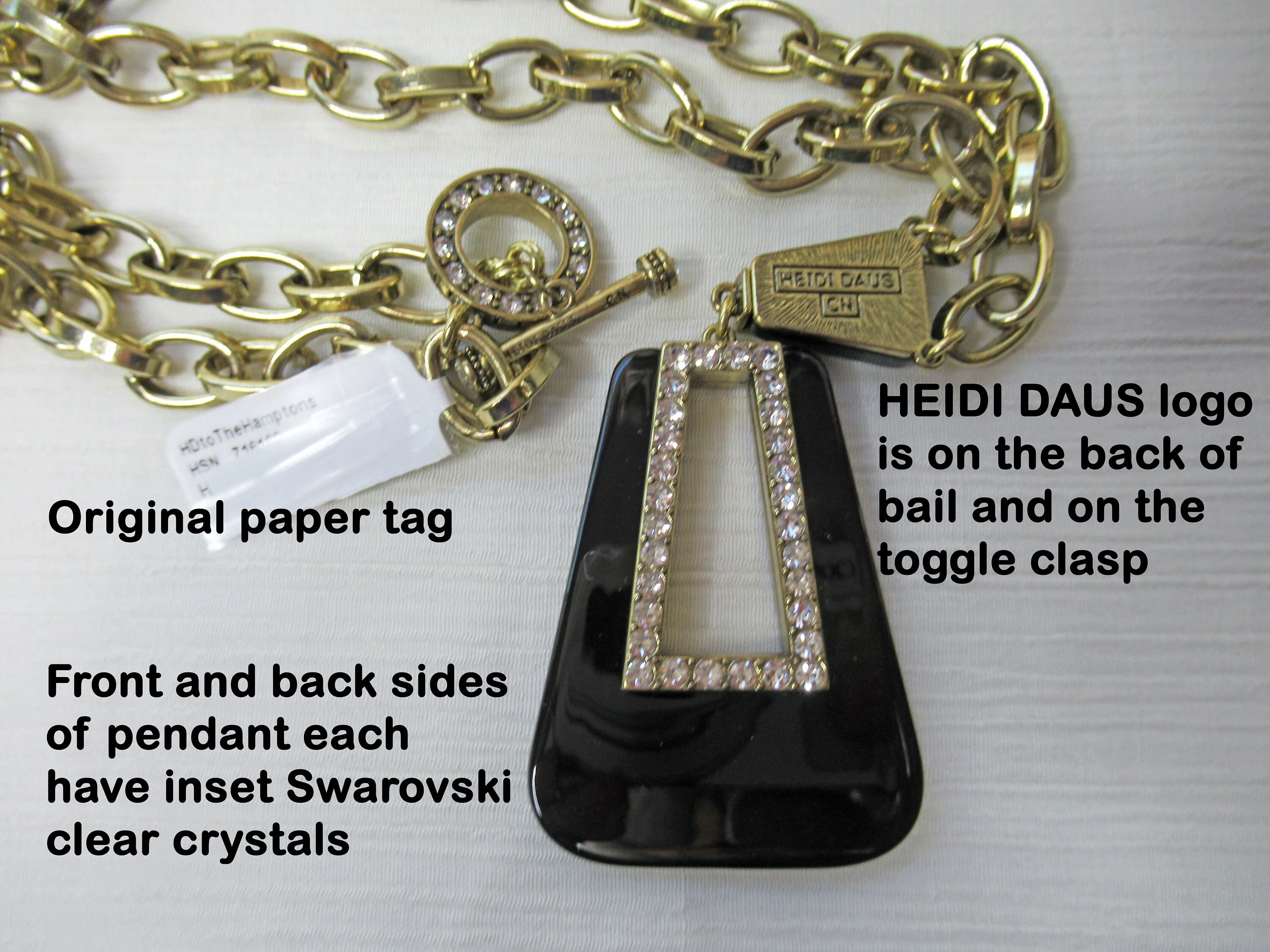 Heidi Daus Pendant Necklace Hamptons with Love Inset Swarovski Crystals Both Sides Black with Gold Metal Chain by Heidi Daus - Image 3