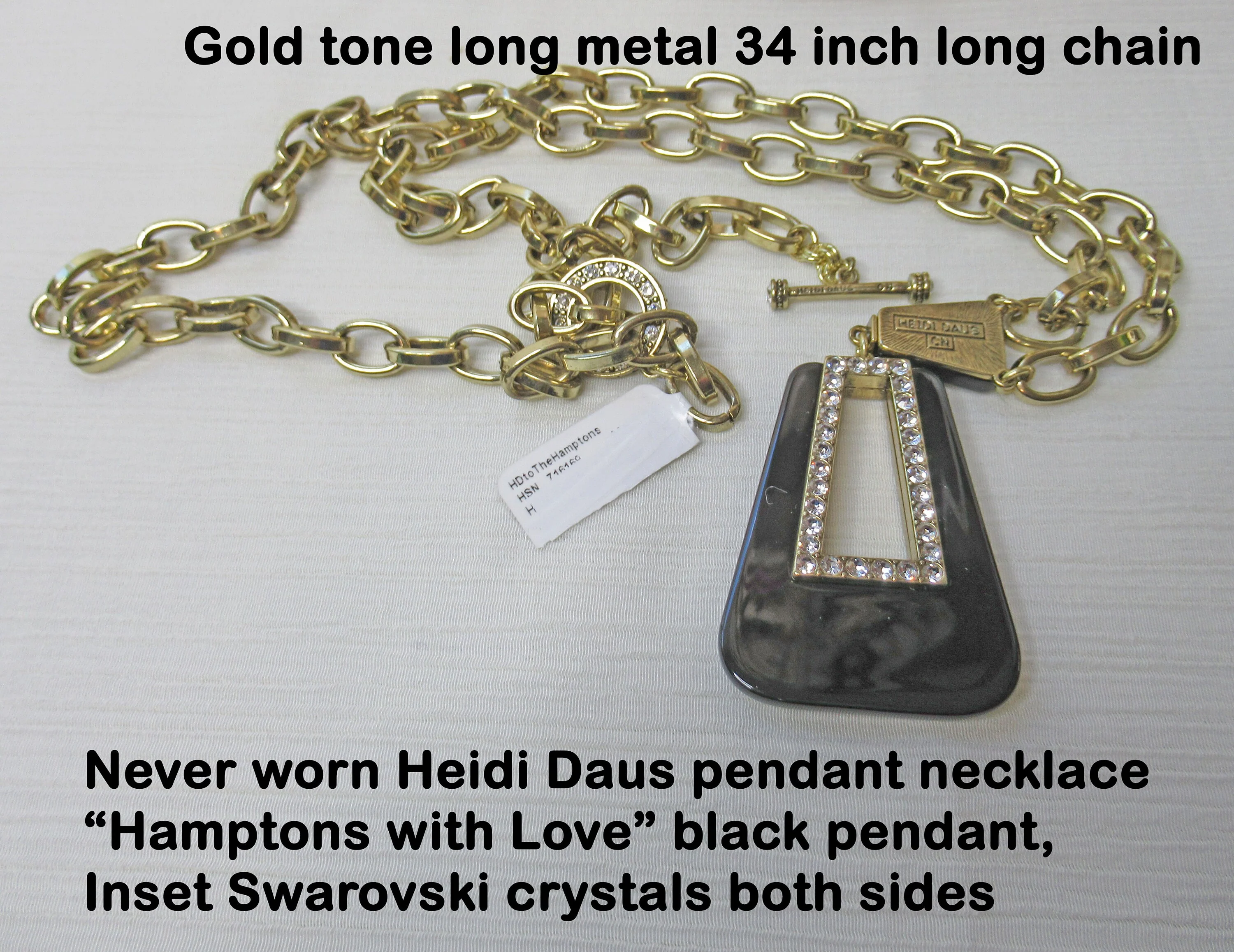 Heidi Daus Pendant Necklace Hamptons with Love Inset Swarovski Crystals Both Sides Black with Gold Metal Chain by Heidi Daus - Image 9