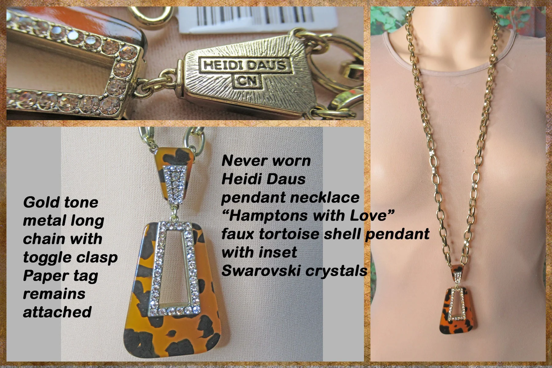 Pendant Necklace Nos W Tag Hamptons with Love Faux Tortoise Pendant Inset Swarovski Crystals Gold Tone Metal Chain Paper Tag by Heidi Daus - Image 2