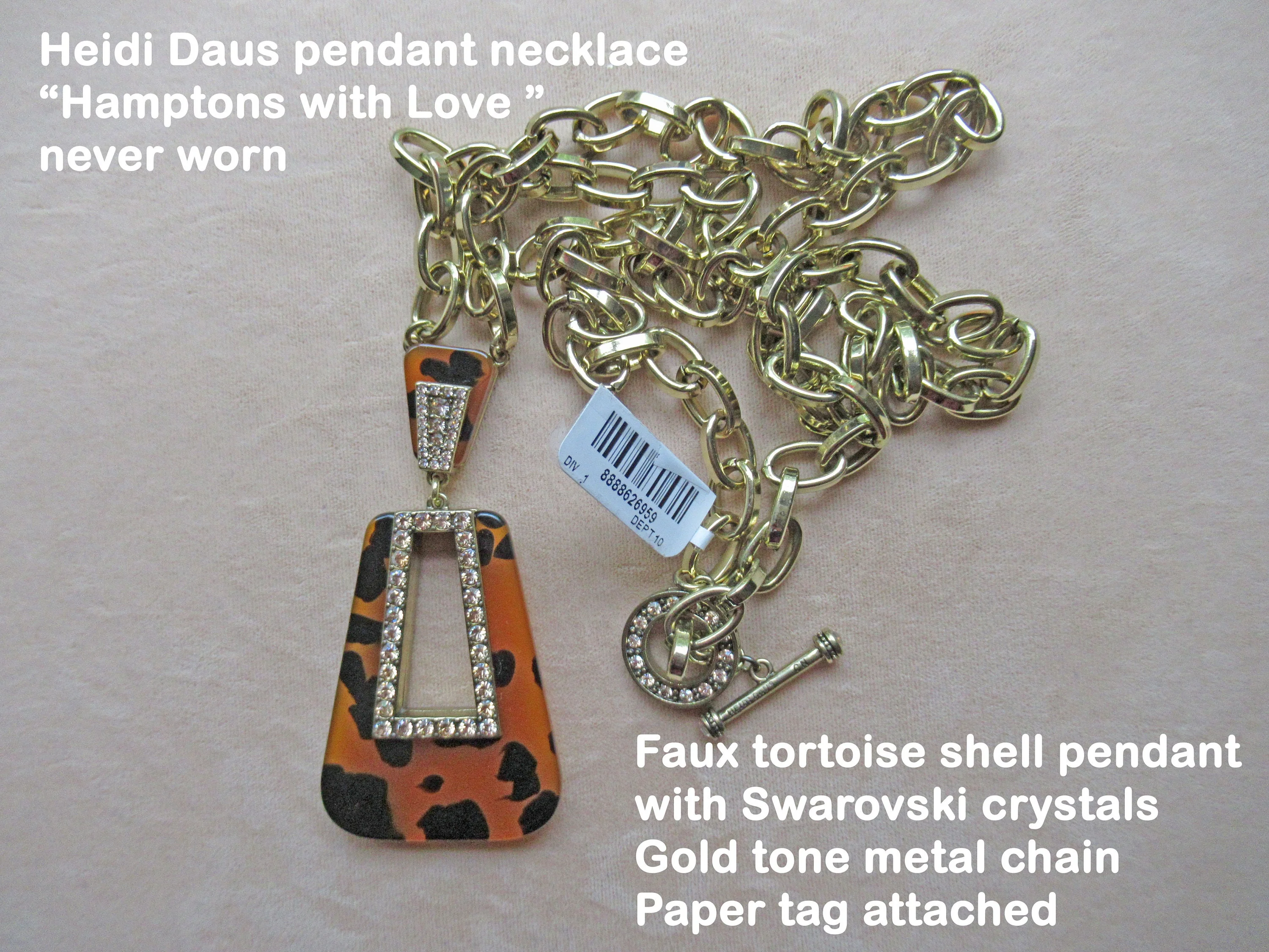 Pendant Necklace Nos W Tag Hamptons with Love Faux Tortoise Pendant Inset Swarovski Crystals Gold Tone Metal Chain Paper Tag by Heidi Daus - Image 3