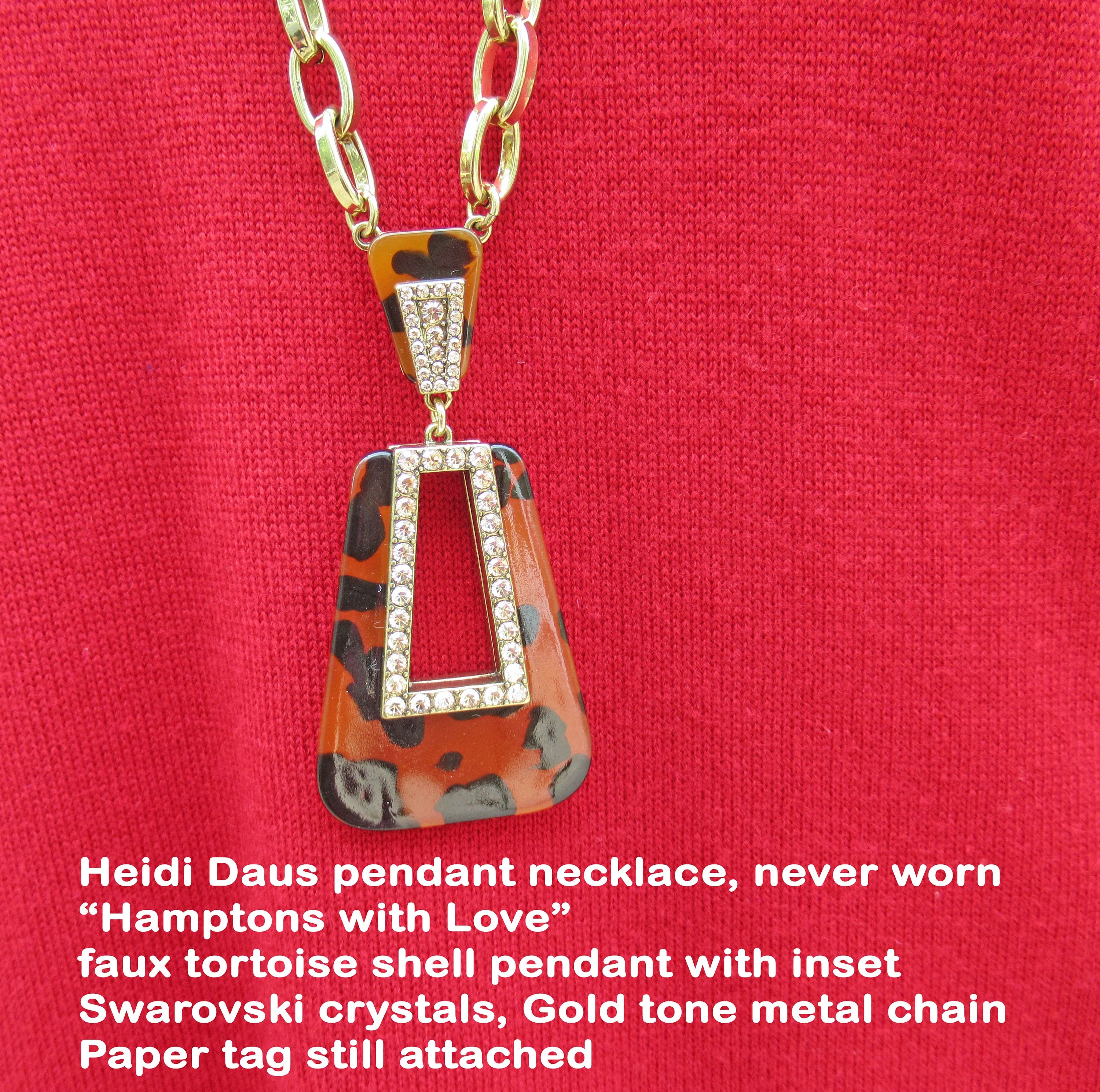Pendant Necklace Nos W Tag Hamptons with Love Faux Tortoise Pendant Inset Swarovski Crystals Gold Tone Metal Chain Paper Tag by Heidi Daus - Image 4