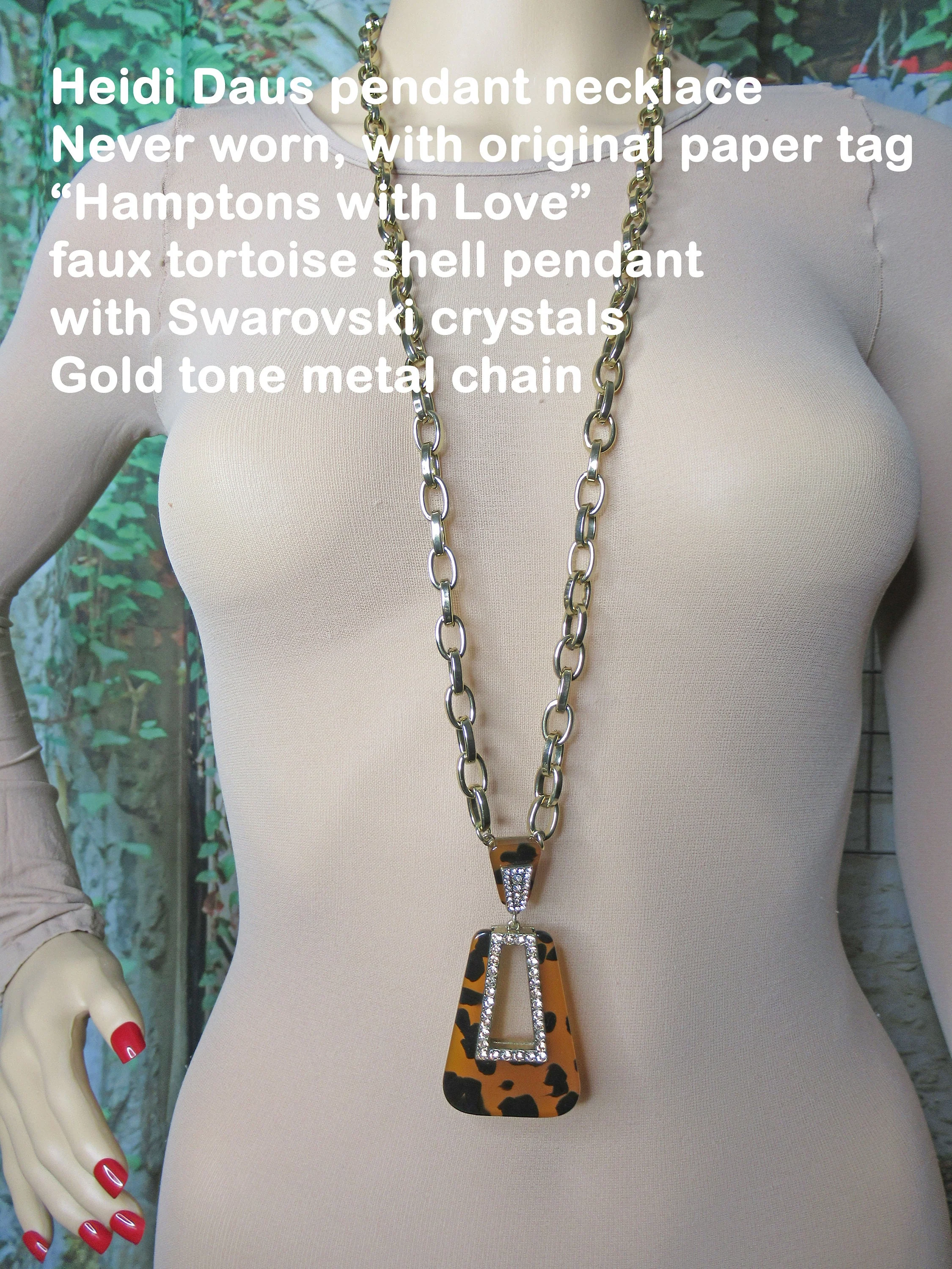 Pendant Necklace Nos W Tag Hamptons with Love Faux Tortoise Pendant Inset Swarovski Crystals Gold Tone Metal Chain Paper Tag by Heidi Daus - Image 7