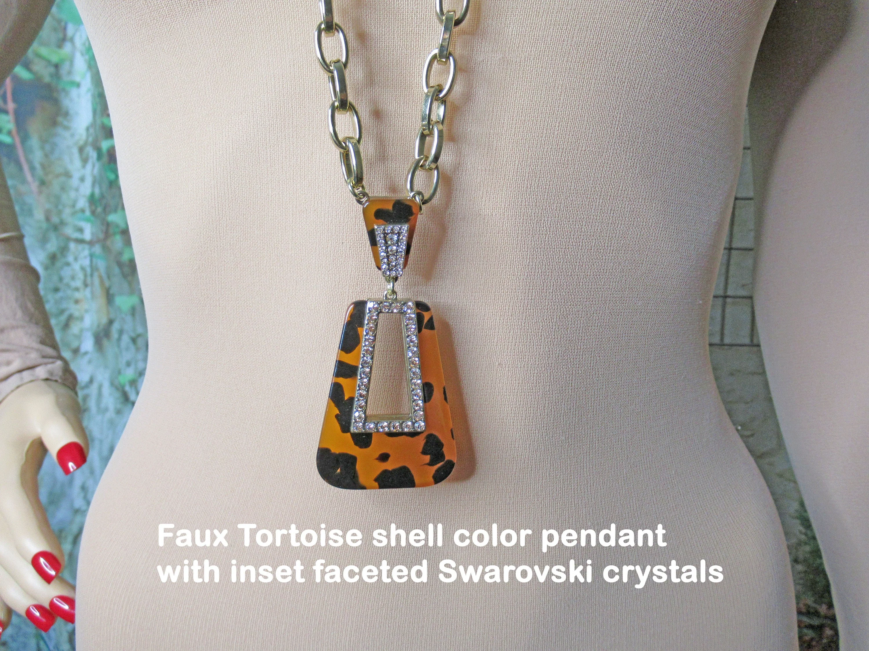 Pendant Necklace Nos W Tag Hamptons with Love Faux Tortoise Pendant Inset Swarovski Crystals Gold Tone Metal Chain Paper Tag by Heidi Daus - Image 9