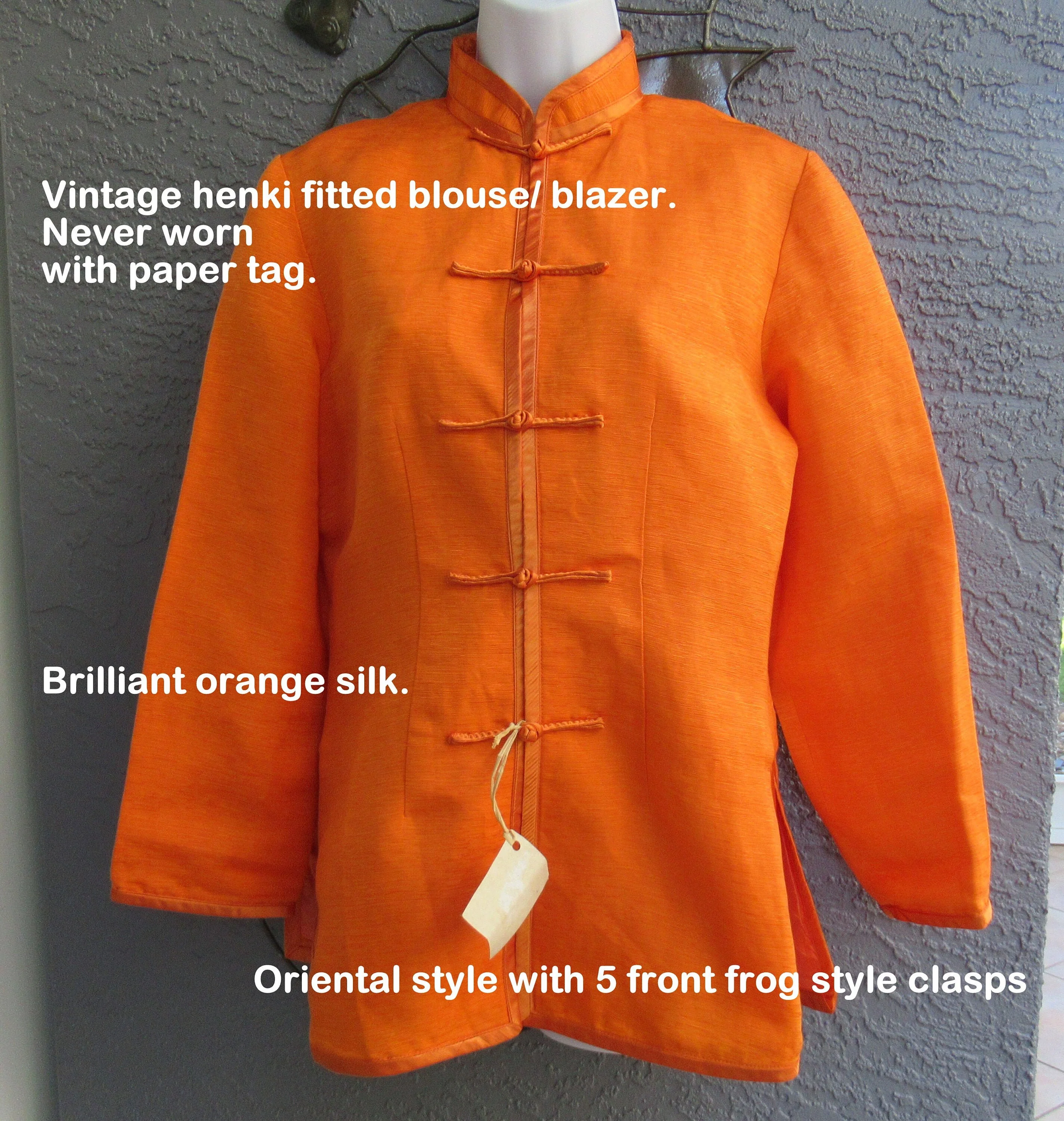 Henki Blouse Blazer Never Worn Brilliant Orange Silk Style with Front Frog Style Clasps Fabulous Detail by Henki - Image 2