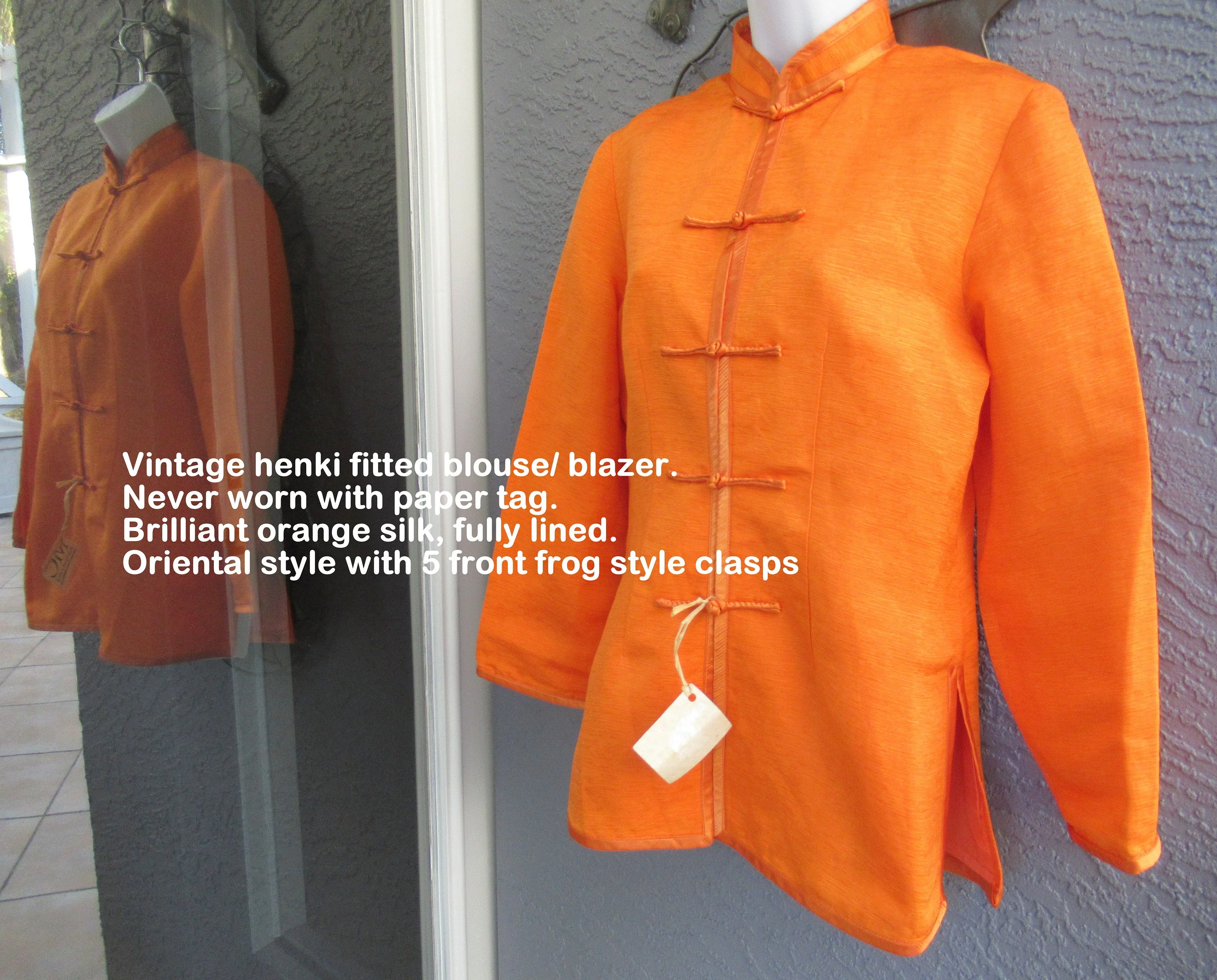 Henki Blouse Blazer Never Worn Brilliant Orange Silk Style with Front Frog Style Clasps Fabulous Detail by Henki - Image 3