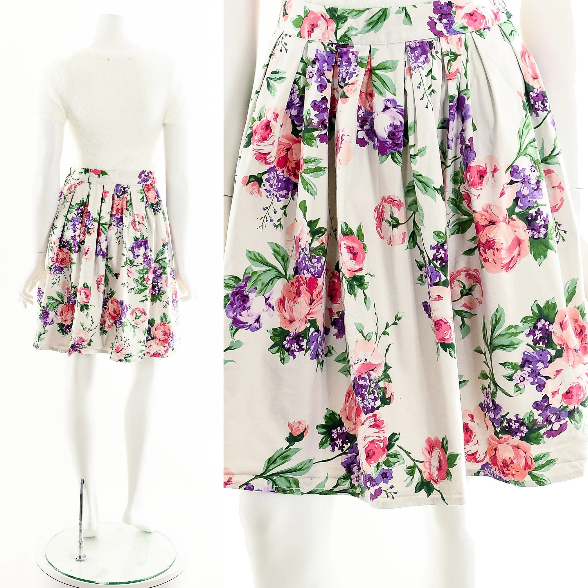 High Waisted 80s Floral Skater Skirt - Image 2