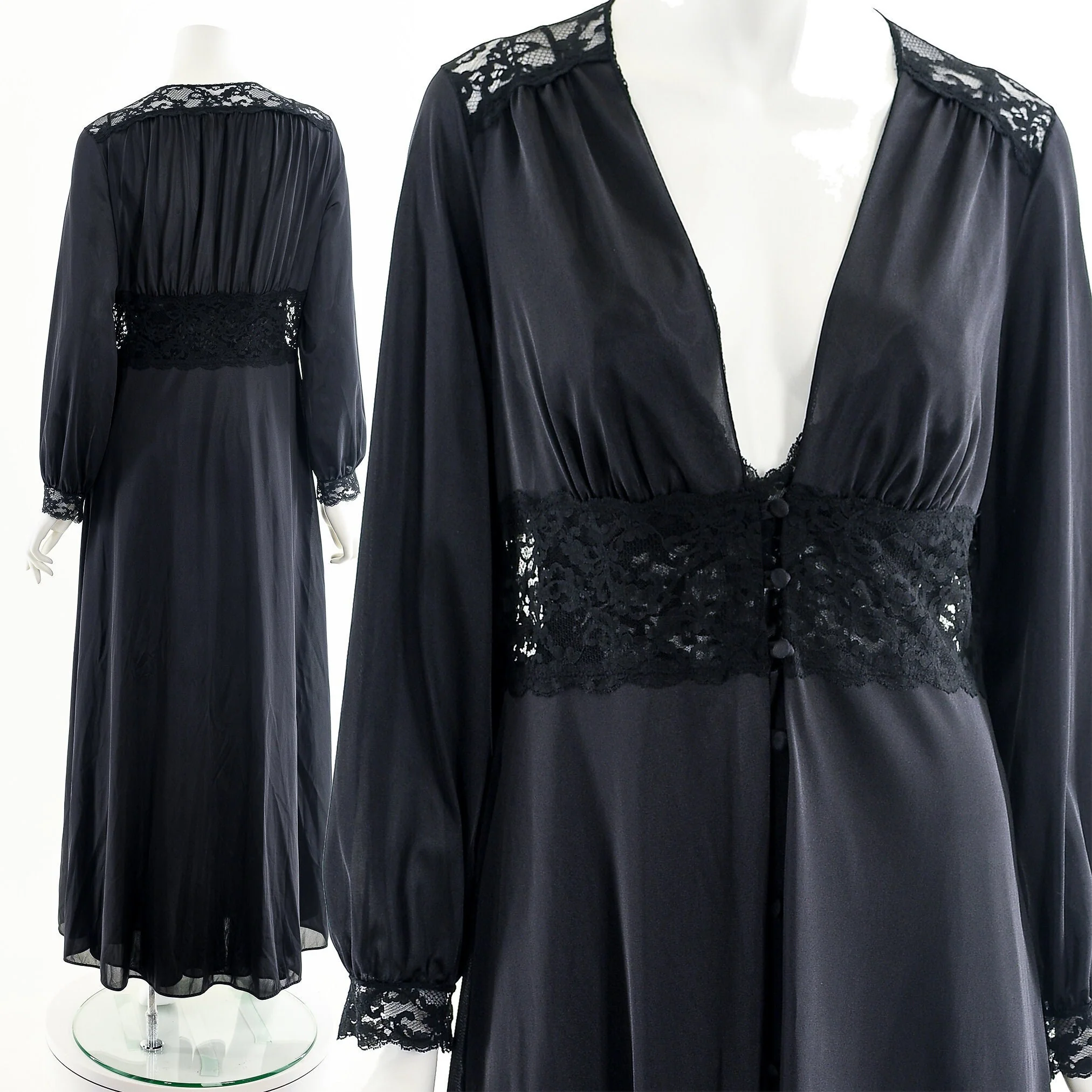 Hollywood Glamour Black Peignoir Lace Inset Corset Robe Lingerie by Maidenform Dreamwear - Image 2