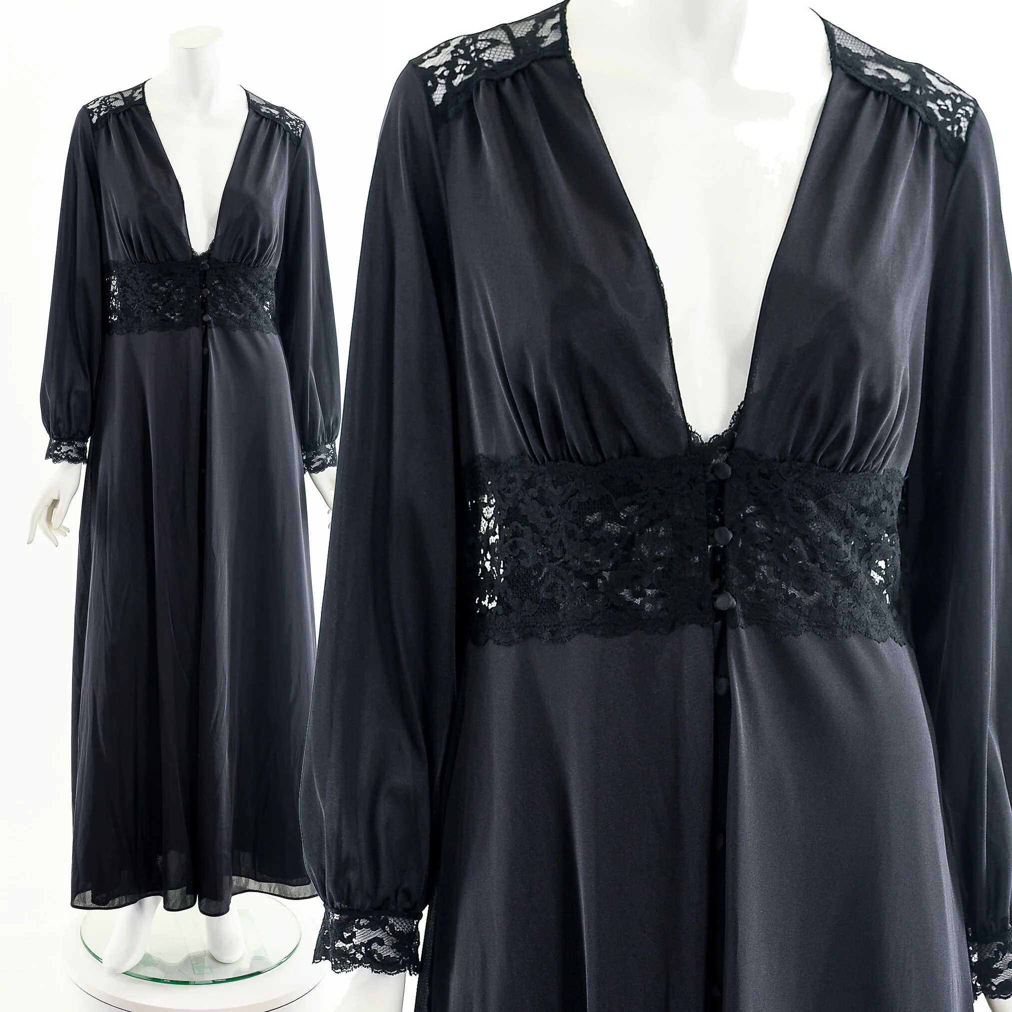 Hollywood Glamour Black Peignoir Lace Inset Corset Robe Lingerie by Maidenform Dreamwear - Image 3