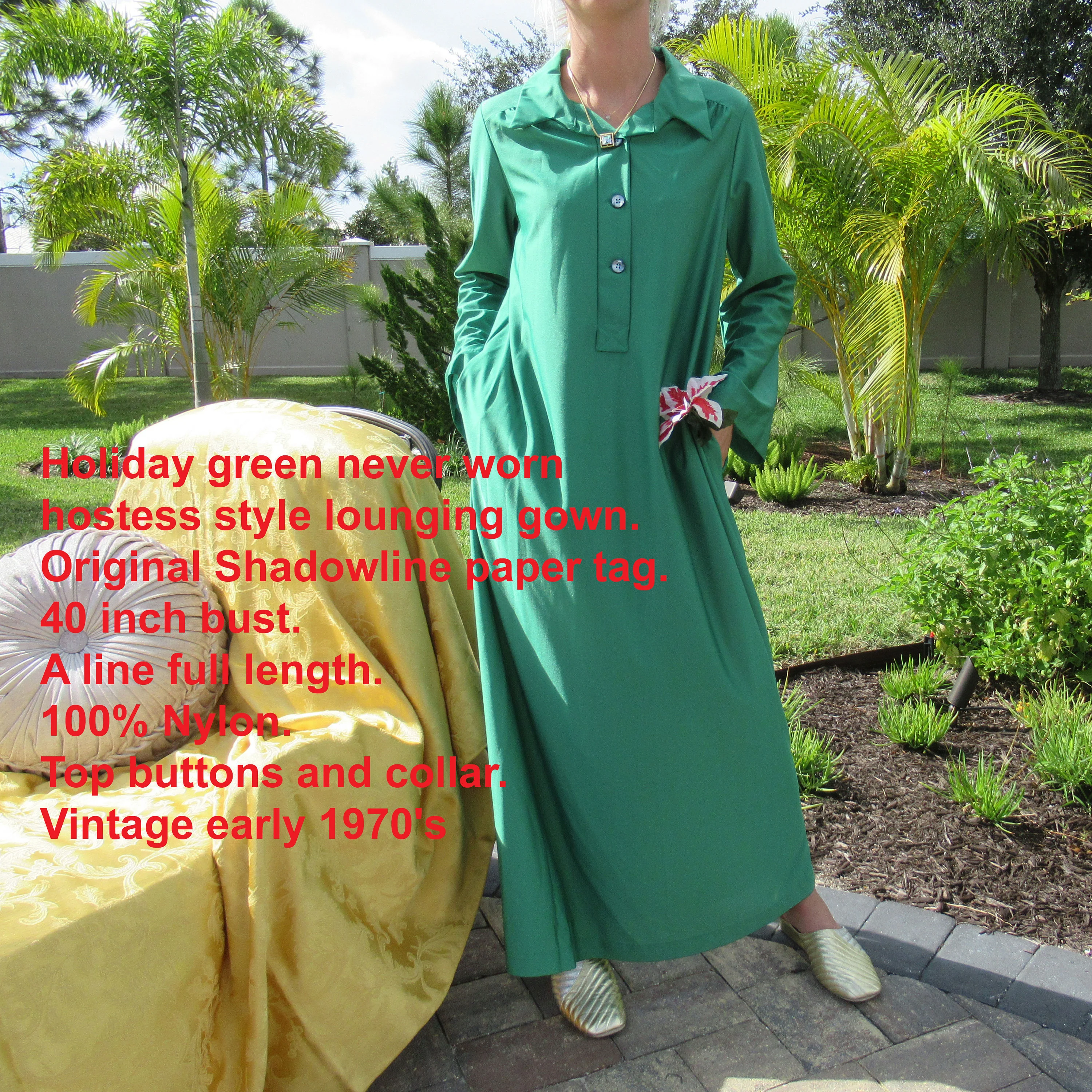 Hostess Lounging Gown Original Shadowline Lucky Irish Green A-Line Long Nylon Buttons Early 70s Vintage by Shadowline - Image 2