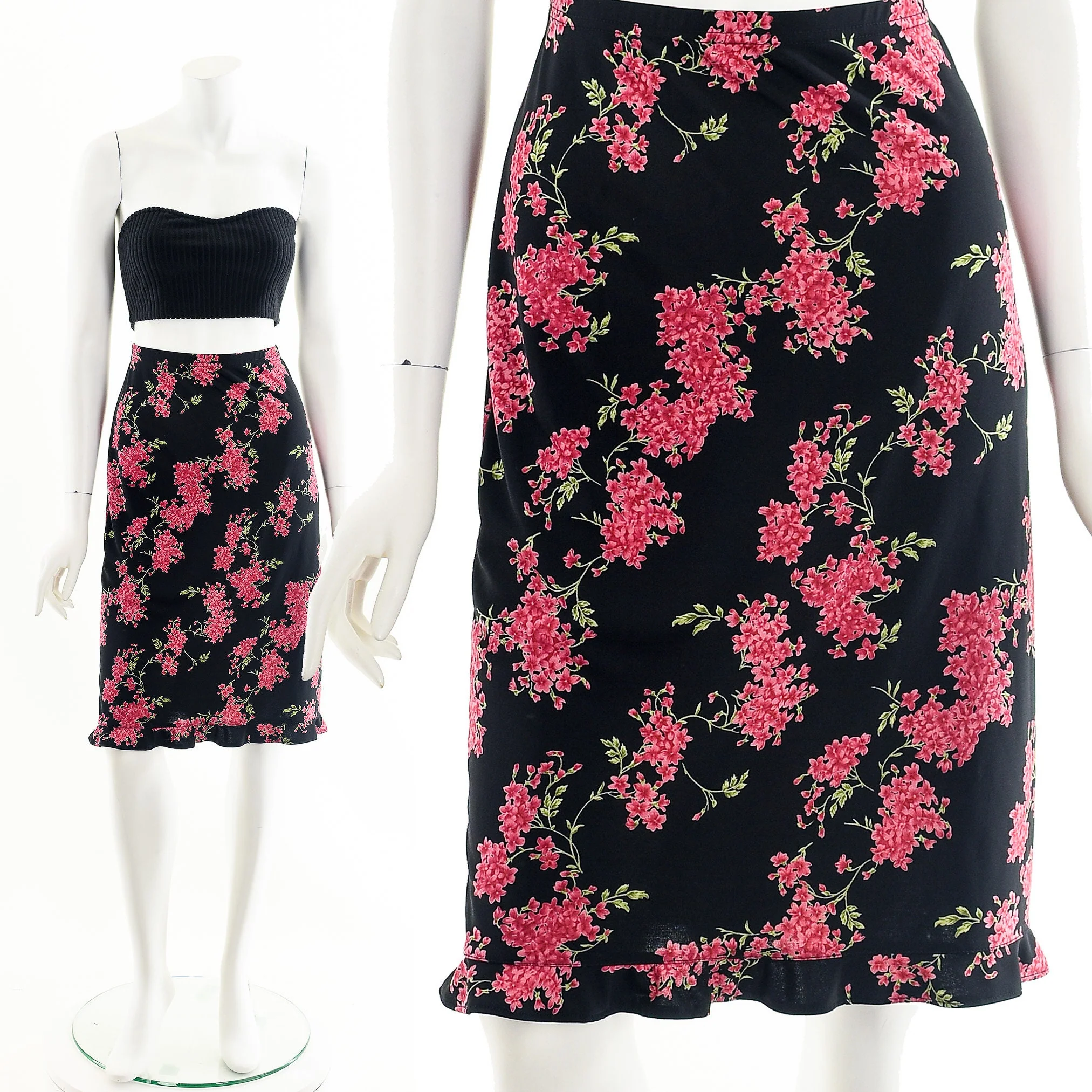 Hot Pink Black Floral Ruffled Skirt - Image 3