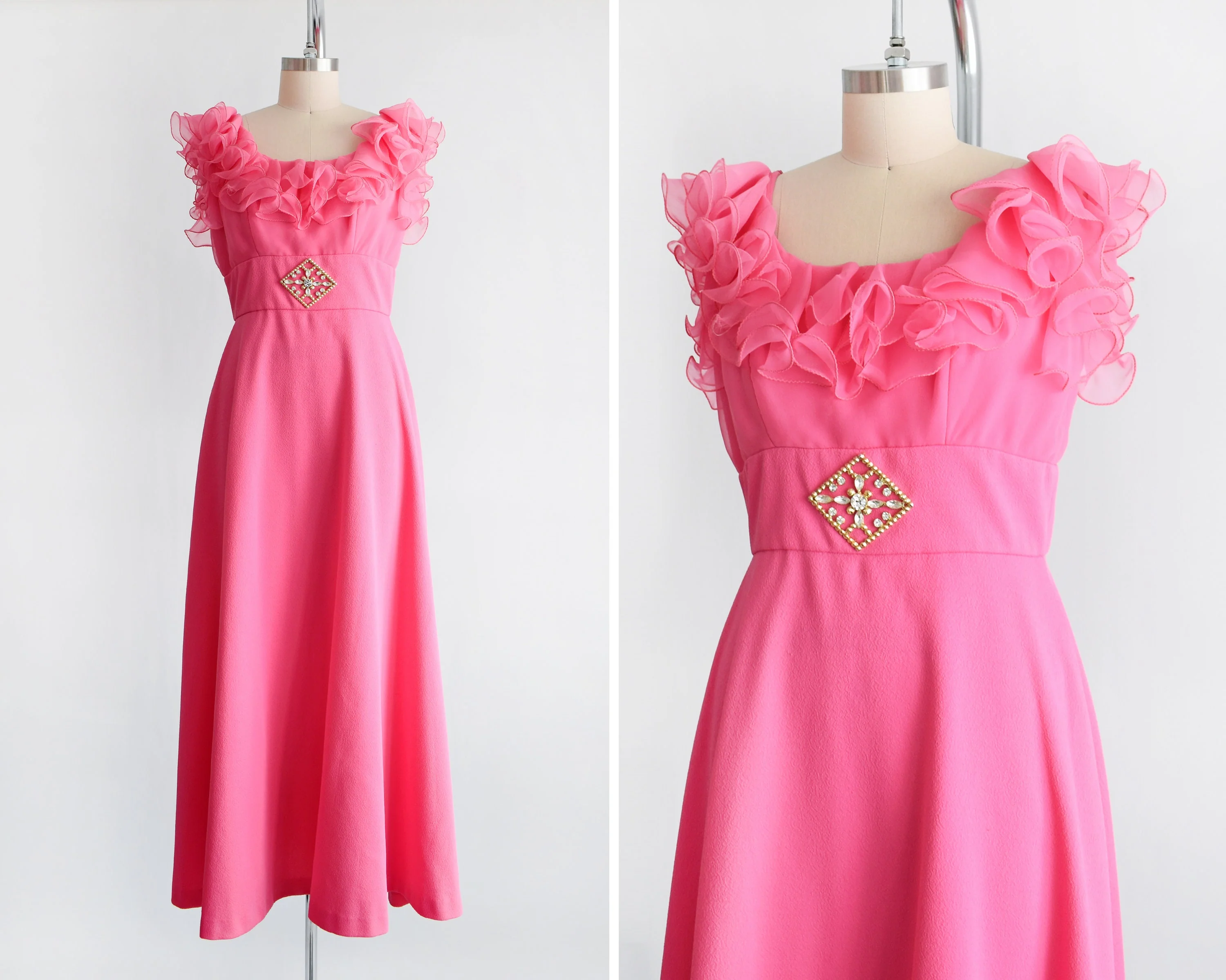 Hot Pink Ruffled 70s Maxi Dress Vintage 70s Maxi Gown, Chiffon Ruffled Neckline with Rhinestone Empire Waist Dress, Medium Large - Image 2