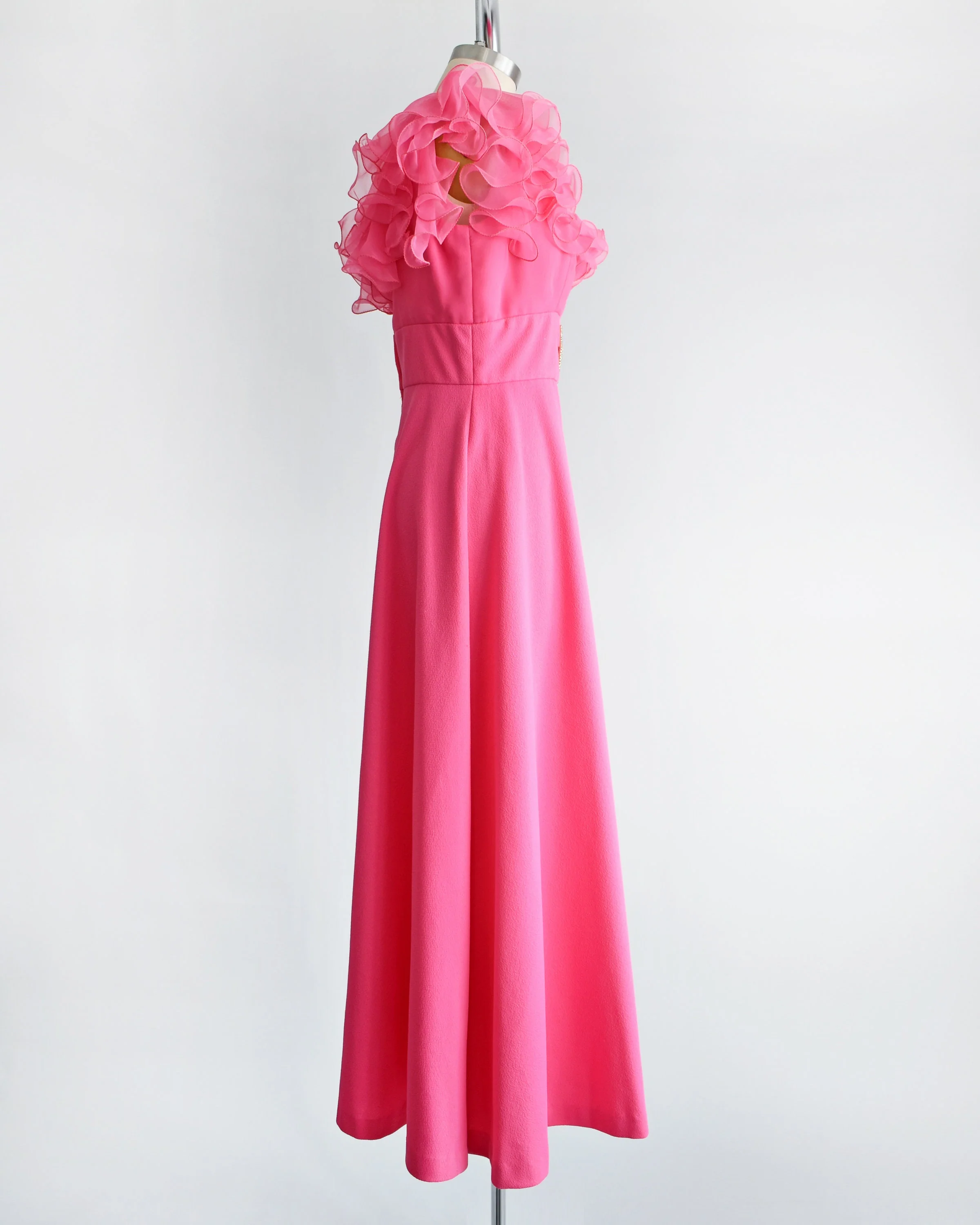 Hot Pink Ruffled 70s Maxi Dress Vintage 70s Maxi Gown, Chiffon Ruffled Neckline with Rhinestone Empire Waist Dress, Medium Large - Image 4
