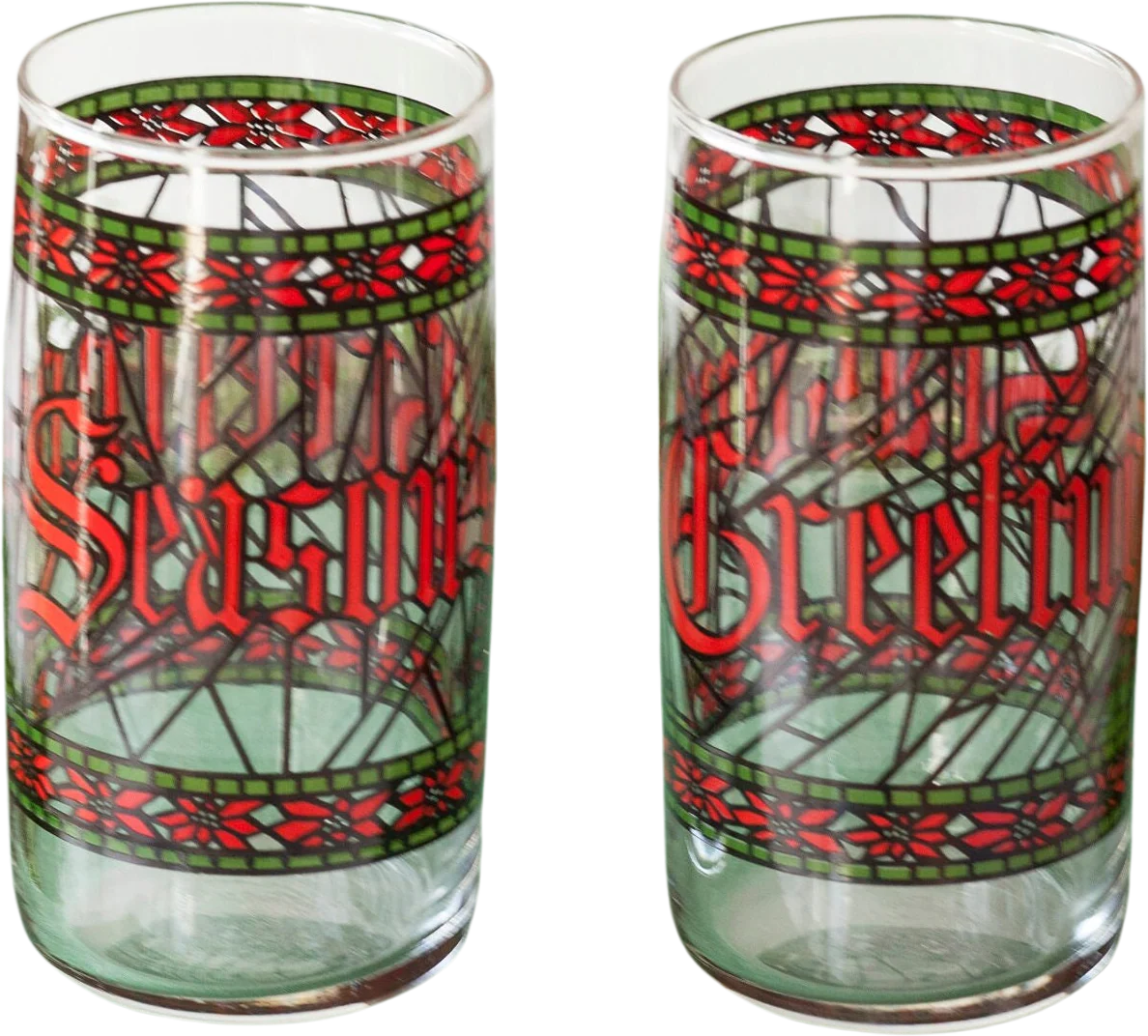 Houze Season's Greetings Tumblers Pair of Two Mid Century Vintage by Houze Glass Company