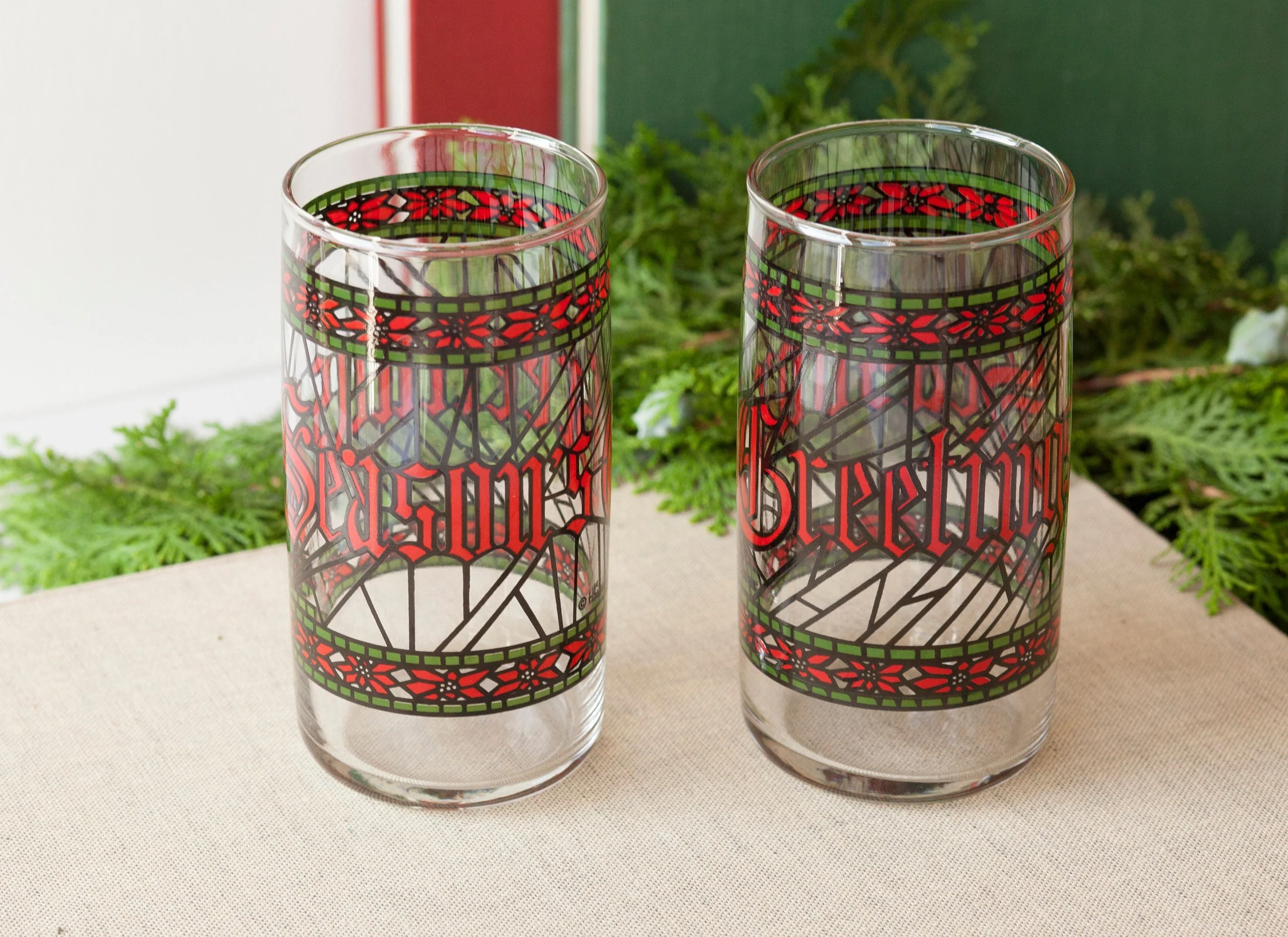 Houze Season's Greetings Tumblers Pair of Two Mid Century Vintage by Houze Glass Company - Image 2