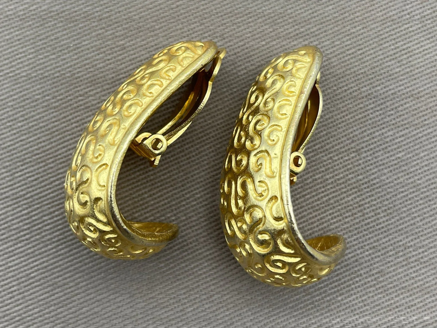 Huge Anne Klein Etruscan Etched Half Hoop Statement Clip-On Earrings by Anne Klein - Image 2