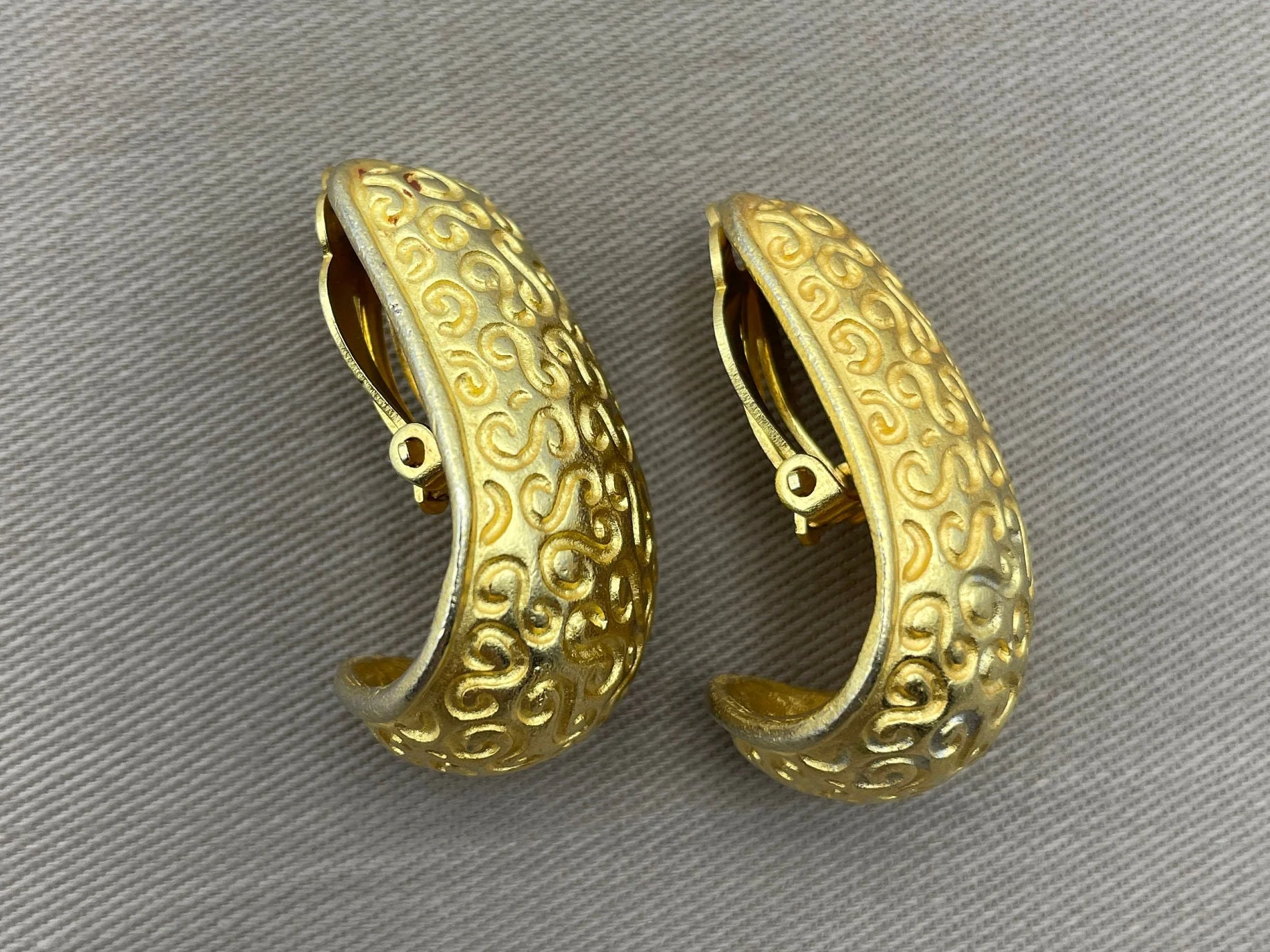 Huge Anne Klein Etruscan Etched Half Hoop Statement Clip-On Earrings by Anne Klein - Image 3