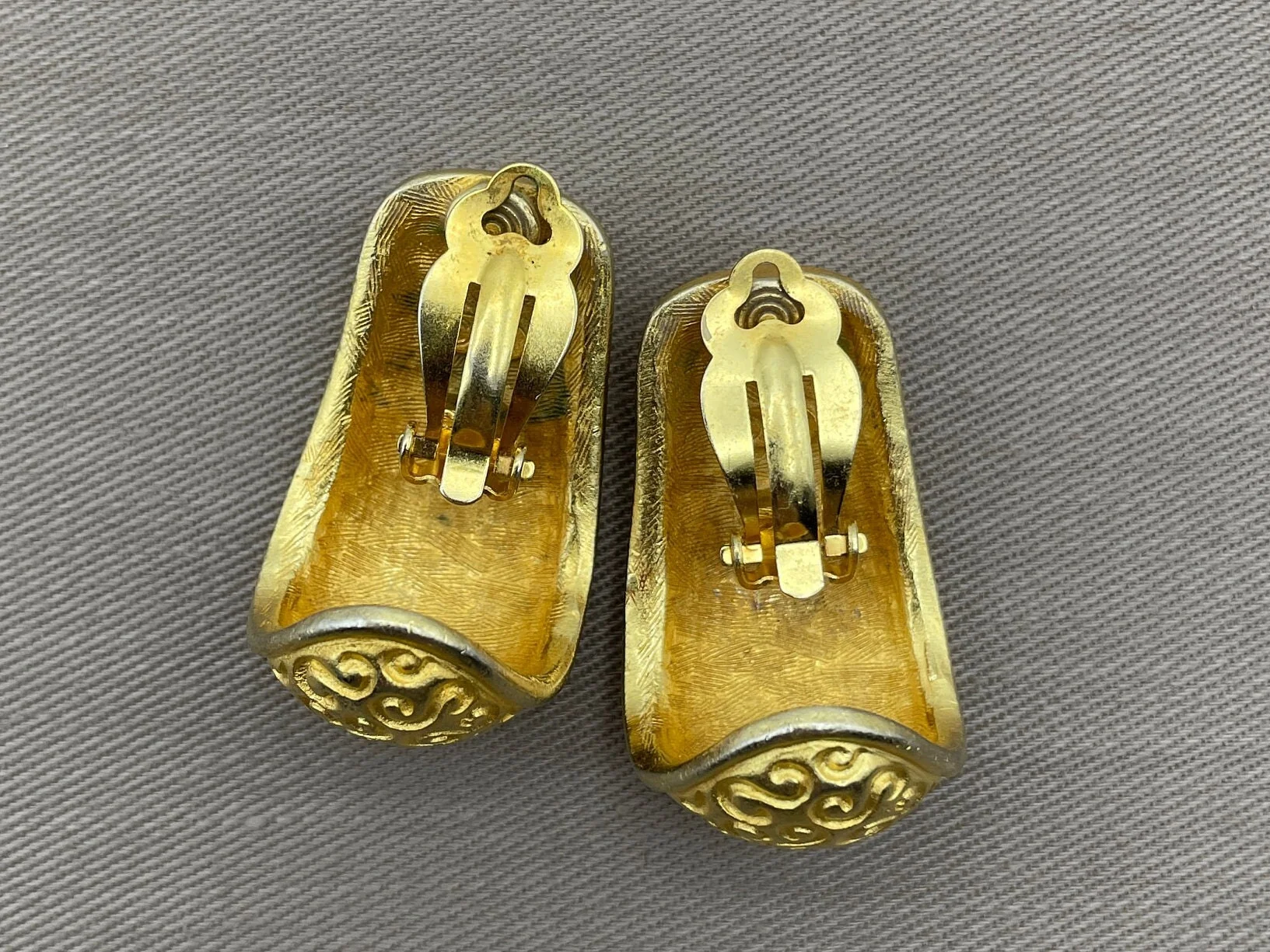 Huge Anne Klein Etruscan Etched Half Hoop Statement Clip-On Earrings by Anne Klein - Image 4