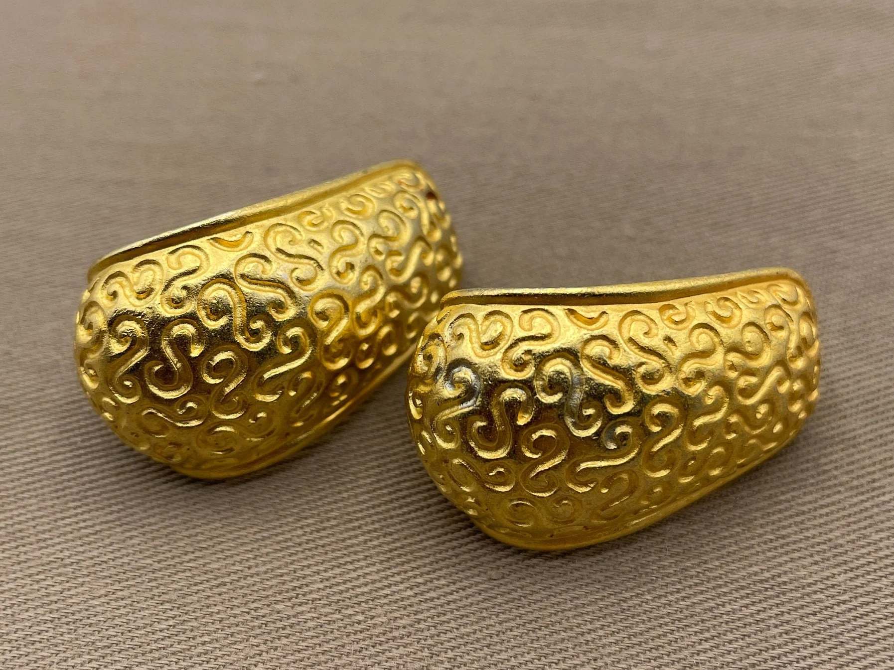 Huge Anne Klein Etruscan Etched Half Hoop Statement Clip-On Earrings by Anne Klein - Image 6