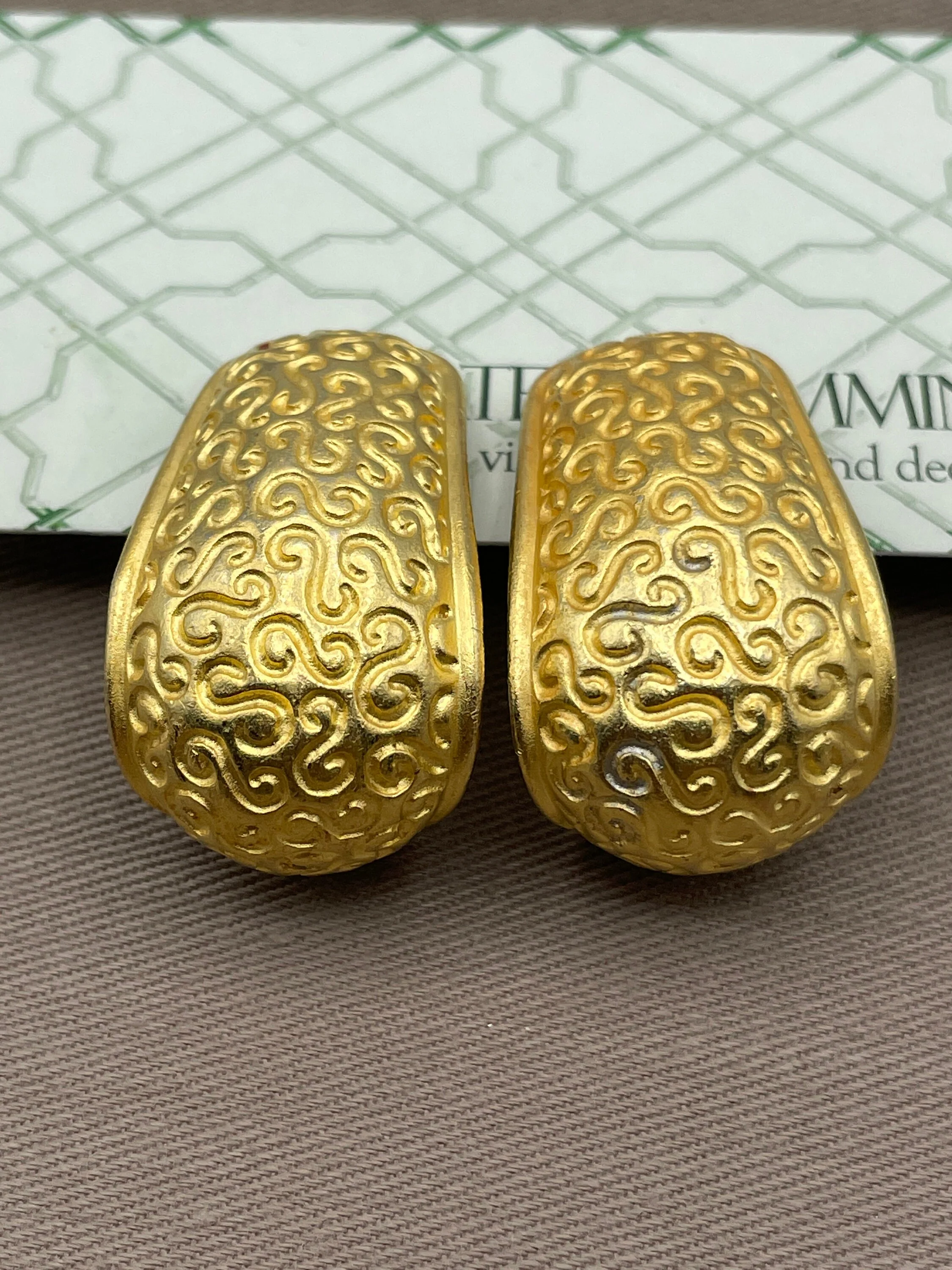 Huge Anne Klein Etruscan Etched Half Hoop Statement Clip-On Earrings by Anne Klein - Image 7