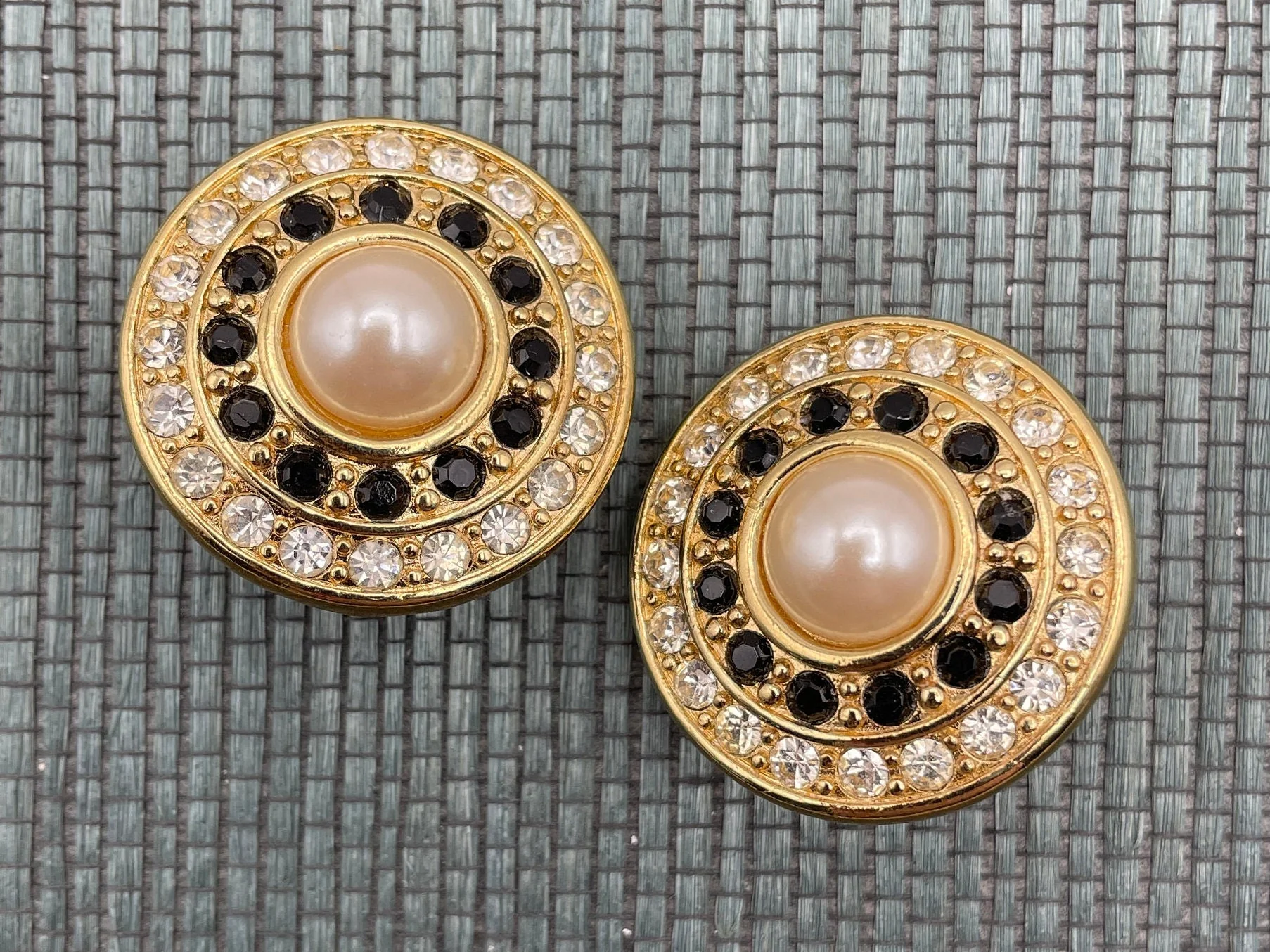 Huge Baroque Pearl and Rhinestone Crystal Clip-On Statement Earrings - Image 3
